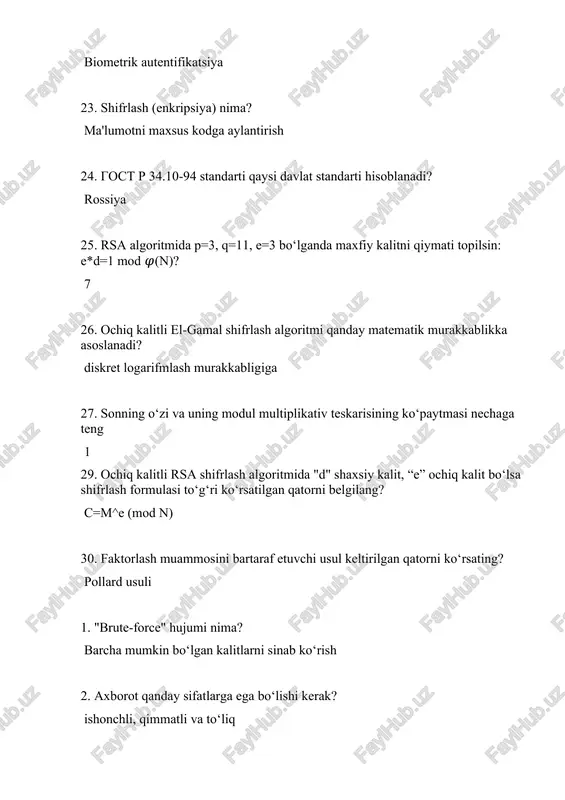 ni shakllantirish muolajasi qaysi algoritmga tegishli? eri algoritmiga 19. pollard usuli qanday turdagi matematik murakkablikni yechishda foydalaniladi? faktorlash murakkabligini 20. yaxlitlikni buzilishi bu - … soxtalashtirish va o‘zgartirish 21. ochiq kalitli kriptotizimlar kim tomonidan kashf qilingan? u.diffie va m.hellman 22. elektron hujjat yaxlitligini (o‘zgarmasligini) tekshirish qaysi amal orqali amalga oshiriladi? eri orqali amalga oshiriladi 23. rsa algoritmida n-ochiq kalit, d-maxfiy kalit bo‘lsa, qaysi formula deshifirlash jarayonini ifodalaydi? m = cd mod n; 24. kriptografiya nima? ma'lumotlarni shifrlash va himoya qilish fan 25. ochiq kalitli shifrlash algoritmi keltirilgan qatorni toping? rsa 26. ochiq kalitli rsa shifrlash algoritmi bardoshliligi qanday matematik muammo turiga asoslangan? faktorlash murakkabligiga 27. ochiq kalitli kriptotizimlarda qanday turdagi kalitlardan foydalanadi? ochiq va maxfiy kalitlardan 28. kriptografiyada "alifbo" deganda nima tushuniladi? axborotni ifodalashda ishlatiluvchi bilgilarning chekli to‘plami tushuniladi 29. "elektron imzo" (digital signature) qanday ishlaydi? xabar xeshini yopiq kalit bilan imzolaydi 30. "tuzilgan hujjat"ni shifrlashda qaysi usul qo‘llaniladi? shifrlash …