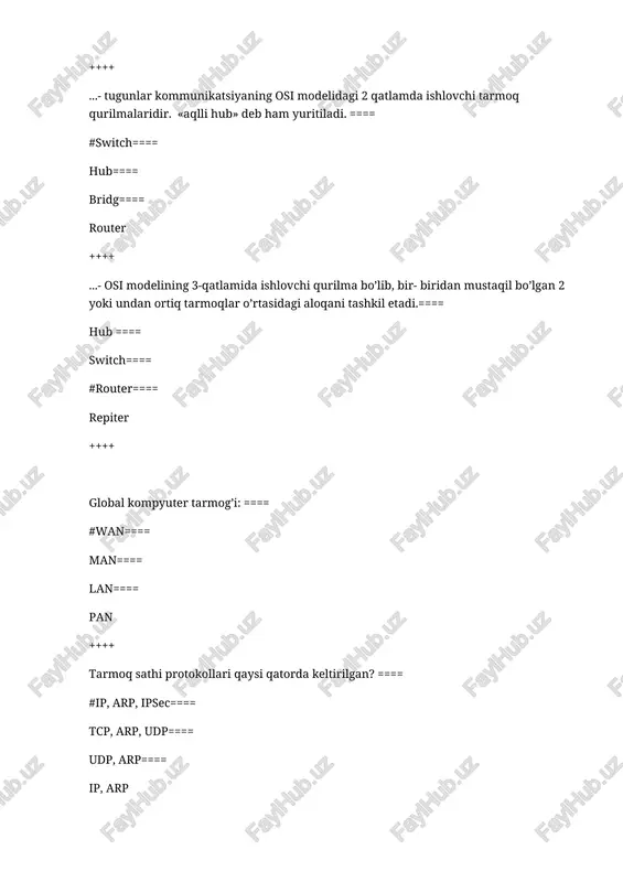 tizator ++++ e-mail- bu: ==== #kompyuter tarmoqlarida xat almashish (elektron pochta) ==== qidiruv dasturi==== pochta server nomi==== pochta dasturi ++++ durdona, [5/8/2025 10:59 am] 1 gbit/s nimaga teng ? ==== 1024 mbayt/s ==== #1024 mbit/s==== 1024 kbit/s==== 1024 bayt/s ++++ 1 mbayt nimaga teng? ==== 0.1 gbayt==== 1024 kbit==== #1024 kbayt==== 1000 kbayt ++++ axborot tarmoq trafigini kuzatish va tahlil qilish uchun ishlatiladigan qurilma yoki dasturiy ta’minot-bu:==== #tarmoq analizatori==== tarmoq monitoring==== tarmoq xavfsizligi==== xavfsizlik domeni ++++ tashkilotning tarmoq resurslaridan foydalanishga yondashuvini belgilaydigan va uning tarmoq infratuzilmasi va xizmatlarini qanday himoya qilish kerakligini belgilaydigan qoidalar, amaliy texnikalar to’plami-bu:==== tarmoq analizatori==== tarmoq monitoring==== #tarmoq xavfsizligi siyosati==== xavfsizlik domeni ++++ axborot tizimiga ta’sir darajasiga ko‘ra tahdidlar necha turga bo‘linadi?==== #2 ta (passiv, aktiv tahdidlar)==== 2 ta( yuqori va quyi)==== 3 ta (ruxsat etilgan, rad etilgan, qayd etilgan)==== 2 ta (bardoshli va bardoshsiz tahdidlar) ++++ ipsec ulanishda ishtirok etuvchi qurilmalar o'rtasida ip-paketlarni himoyalash va …