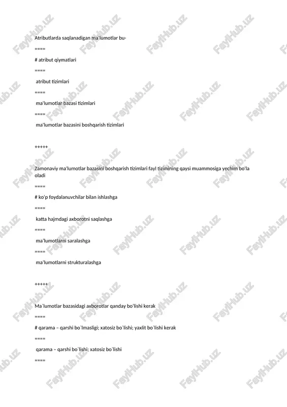 turlicha +++++ mbbt arxitekturasining bosqichi hisoblanmaydigan javob variantini ko‘rsating ==== # datalogik ==== logik ==== konseptual ==== fizik +++++ mbbt arxitekturasining nechta bosqichi mavjud ==== # 3 ta (tashqi, konseptual va fizik) ==== 4 ta (logik, colloborate, fixed, dinamik) ==== 5 ta (fizik, tranzaktion, concat, insert, set) ==== 2 ta (fixed, dinamik) +++++ ob’ekt atributi deganda nima tushuniladi? ==== # jadval ustuni ==== jadval qatori ==== jadval katakchalari ==== jadval +++++ mohiyat aloqa diagrammasida uchraydigan shaklni toping ==== # ellips ==== parallelogram ==== aylana ==== trapetsiya +++++ mohiyat aloqa diagrammasida qanday shakl qo`llanilmaydi ==== # parallelogram ==== romb ==== to`rtburchak ==== to`g`ri chiziq +++++ relyatsion algebra amallarini ko`rsating ==== # kesishuv, birlashtirish, ayirish, dekard ko`paytma ==== kesishuv, qo`shish, seleksiya, dekard ko`paytma ==== kesishuv, seleksiya, ayirish, dekard ko`paytma ==== kesishuv, qo`shish, ayirish, seleksiya, dekard ko`paytma +++++ relyatsion ma’lumotlar bazasidagi asosiy tushunchalarni aniqlang? ==== # jadval, maydon, yozuv ==== jadval, ustun, qator …