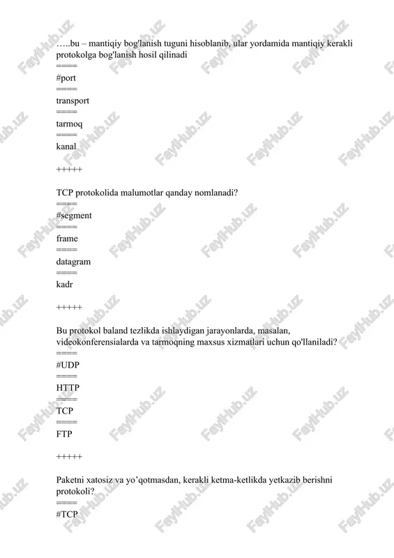 ng tarmoqlarida foydalanilgan kabel kategoriyasini aniqlang ==== #cat3 ==== cat4 ==== cat5 ==== cat6 +++++ lokal tarmoq 10base-t, 100base-t4 tarmoqlarida foydalanilgan kabel kategoriyasini aniqlang ==== #cat4 ==== cat5 ==== cat6 ==== cat7 +++++ lokal tarmoq fast ethernet va gigabit ethernet tarmoqlarida foydalanilgan kabel kategoriyasini aniqlang ==== #cat6 ==== cat7 ==== cat4 ==== cat5 +++++ halqaro standart iso 11801 sertifikatiga ega va ma'lumot uzatish tezligi 10 gigabit sekundgacha bo'lgan kabel kategoriyasini aniqlang ==== #cat7 ==== cat4 ==== cat5 ==== cat8 +++++ ipv4 marshrutlangan tarmoq uzunligi necha razryaddan tashkil topgan? ==== #32 ==== 64 ==== 128 ==== 256 +++++ ipv6 marshrutlangan tarmoq uzunligi necha razryaddan tashkil topgan? ==== #128 ==== 32 ==== 64 ==== 256 +++++ internet tarmog'ini hosil bo'lishiga sababchi bo'lgan tarmoq nomi qaysi javobda berilgan? ==== #arpanet ==== intranet ==== localnet ==== world are network +++++ lokal hisoblash tarmog`idagi kompyuterlarning joylashishini ifodalovchi termin qanday nomlanadi? ==== #topologiya ==== tarmoq ==== …