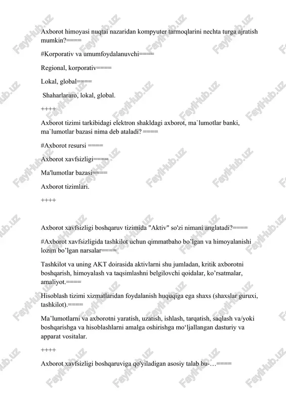 yil 3 apreldagi 614 sonli qarori ==== o'z.res. vazirlar mahkamasining 2005 yil 25 noyabrdagi 256 sonli qarori. ++++ axborotga ishlov berish vositalari deganda nimani tushunamiz?==== #axborotga ishlov berish bo‘yicha istalgan tizimlar, servislar yoki infratuzilmalar, shuningdek, ularning fizik joyi tushuniladi==== hujjatlar namunalarini o'z ichiga olgan va ax boshqaruvida ishlatiladigan kataloglar, ax jarayonlarini, kompaniya xodimlarining vazifalari ==== axborot aktivlarini himoya qilish darajasiga turli talablarni qo'yadigan kompaniyalar uchun xavfsizlik siyosati modellari==== axborotni muhofaza qilish jarayonida qo'llaniladigan hujjatlar shablonlari. ++++ bell-lapadula (blp) modeli -bu..==== #bu hukumat va harbiy dasturlarda kirishni boshqarishni kuchaytirish uchun ishlatiladigan avtomatlashgan modeli==== axborlarni nazoratlovchi model==== foydalanuvchilarni ro'yxatga olish , nazoratlash va tahlil qiluvchi model==== tarmoq boshqarish va tahlil qiluvchi model ++++ biba modeli ob'ektni qaysi xusuiyatiga e'tibor qaratilgan?==== #yaxlitligi==== maxfiyligi==== xavfsizligi==== konfidentsialigi ++++ bu so‘z ingliz tilidan olingan bo‘lib- yorib tashlash, chopish, buzish degan ma’nolarni anglatadi. ular xaddan ziyod malakali va bilimli, axborot texnologiyalarini puxta biluvchi insondir.-yuqorida kim to‘g‘risida ta’rif …