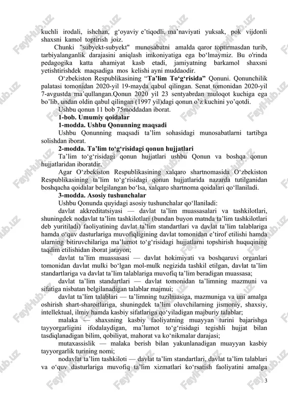 insonni har tomonlama o'rganishi zarur"[footnoteref:1]. [1: a.avloniv. turkiv guliston yoxud axloq - t., «fan», 96-b.] xuddi shu bois, ta’lim-tarbiya jarayonida barkamol insonni shakllantirish lozim, uning natijasi, mahsulasi orqali mustaqil fikrlovchi, ijodiy izlanuvchi, kuchli irodali, ishchan, g‘oyaviy e’tiqodli, ma’naviyati yuksak, pok vijdonli shaxsni kamol toptirish joiz. chunki "subyekt-subyekt" munosabatni amalda qaror toptirmasdan turib, tarbiyalanganlik darajasini aniqlash imkoniyatiga ega bo‘lmaymiz. bu o'rinda pedagogika katta ahamiyat kasb etadi, jamiyatning barkamol shaxsni yetishtirishdek maqsadiga mos kelishi ayni muddaodir. o‘zbekiston respublikasining “ta’lim to‘g‘risida” qonuni. qonunchilik palatasi tomonidan 2020-yil 19-mayda qabul qilingan. senat tomonidan 2020-yil 7-avgustda ma’qullangan.qonun 2020 yil 23 sentyabrdan muloqot kuchiga ega bo’lib, undan oldin qabul qilingan (1997 yil)dagi qonun o’z kuchini yo’qotdi. ushbu qonun 11 bob 75moddadan iborat. 1-bob. umumiy qoidalar 1-modda. ushbu qonunning maqsadi ushbu qonunning maqsadi ta’lim sohasidagi munosabatlarni tartibga solishdan iborat. 2-modda. ta’lim to‘g‘risidagi qonun hujjatlari ta’lim to‘g‘risidagi qonun hujjatlari ushbu qonun va boshqa qonun hujjatlaridan iboratdir. agar o‘zbekiston respublikasining …