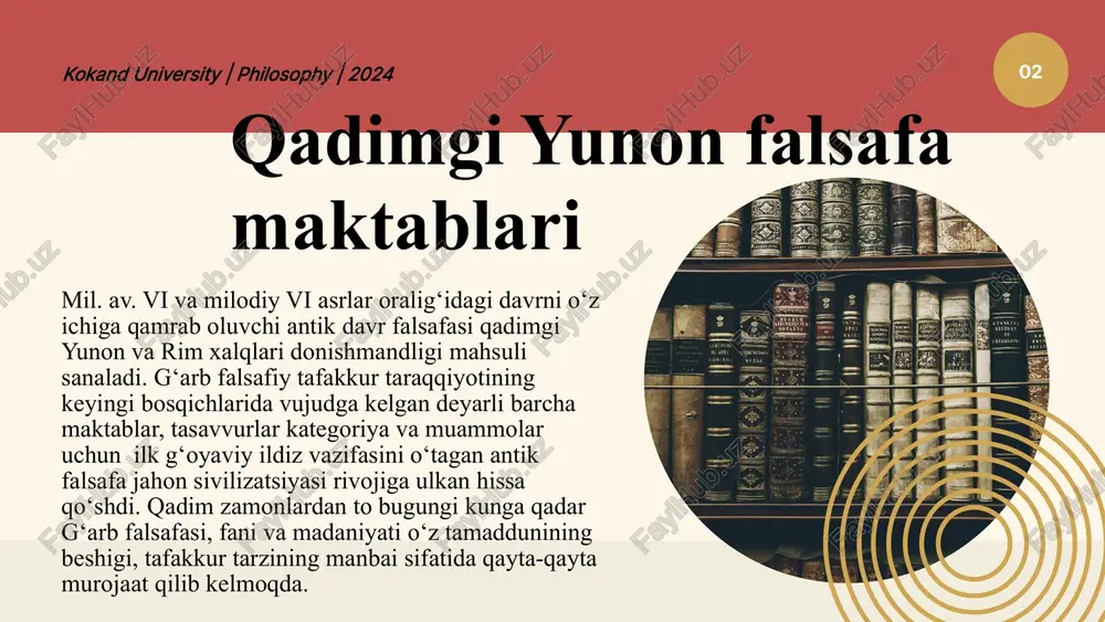 chiqadi. dunyo o’zgaruvchandir-geraklit 02 kokand university | philosophy | 2024 geraklit asosiy qarashlari 1.olamning boshlangʻich asosini olov deb hisoblagan. 2.qarama-qarshiliklar birligi va kurashi qonunini yaratgan-dialektikaning asosiy qonuni (geraklitning muhim falsafiy kashfiyotlaridan); 3.butun olam doimiy harakat va oʻzgarishda deb hisoblagan (ariqdan oqqan suvga ikki marta oyoq bosib boʻlmaydi)t 4.tabiatdagi moddalarning almashinuvi va tarixning davriyligi tarafdori boʻlgan; 1.olamning nisbiyligini tan olgan. (dengiz suvi inson uchun iflos, baliq uchun esa toza, turli vaziyatlarda insonning aynan bir xil xatti harakati ham yaxshi ham yomon boʻlishi mumkin); 2.barcha narsalar dunyoviy aql bilan egallanadi. 3.inson va olam ruhining moddiyligini tan olgan. 4.har qanday jarayonlarning xarakatlantiruvchi kuchi «kurash»; «urish (kurash) barcha narsaning otasi va onasidir». pifogor – (miloddan avvalgi v asr)-katta sofistlarning taniqli vakili xususiyatlari pifogor falsafasining asosiy gʻoyalari oʻzining falsafiy qarashini pifogor shunday ifodalaydi «inson barcha mavjud narsalarning mavjud boʻlganligi, mavjud boʻlmagan narsalarning mavjud boʻlmaganligi uchun meyoridir». inson ongidan tashqarida hech narsaning boʻlishi mumkin emas; pifogor …