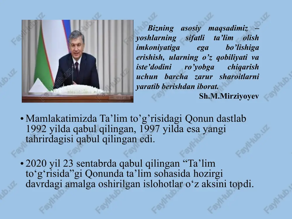 ng ta’lim olish huquqini tartibga solish inklyuziv ta’lim ta’lim muassasalarining o‘zini o‘zi baholashi ta’lim ishtirokchilarining huquqlari, majburiyatlari va javobgarliklari ta’lim sohasida eksperimental va innovatsion faoliyatni tartibga soluvchi ishlab chiqarishdan ajralmagan holda ta’lim olish, ya’ni sirtqi, kechki, masofaviy, oilada va mustaqil ta’lim olish katta yoshdagilarni o‘qitish va ularga ta’lim berish, mudofaa, xavfsizlik va huquqni muhofaza qilish faoliyati sohasida kadrlar tayyorlash inklyuziv va eksternat tartibida ta’lim olish shakllari boshlang‘ich kasb-hunar ta’limi, kasb-hunar maktablarida bitiruvchilar negizida bepul asosda kunduzgi ta’lim shaklida umumta’lim va mutaxassislik fanlarining ikki yillik integratsiyalashgan dasturlari asosida amalga oshirilishini tartibga soluvchi ta’limning nodavlat shaklini rivojlantirish jamiyatimizda intellektual mulk salohiyatidan samarali foydalanish, ilm-ma’rifatga doir ish joylari kengayishiga imkon beruvchi normalarga alohida e’tibor berilganini ta’kidlab o‘tish kerak qonunga kiritilgan alohida normalar yangi qonunning asosiy jihatlari 1 ta’lim olishning tasnifi kengaytirildi 2 vazirlar mahkamasi, ta’lim sifatini nazorat qilish davlat inspeksiyasi, prezident, ijod va ixtisoslashtirilgan maktablarni rivojlantirish agentligi, shuningdek soha vazirliklari va mahalliy davlat …