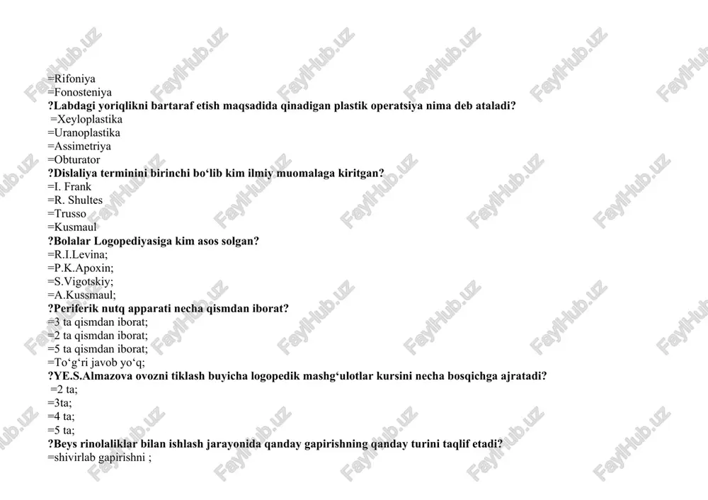 stki jagning bir – biriga nomutanosibligi ?pereferik xarakterdagi organik nutq buzilishlari bu – =rinolaliya; dislaliya; =afoniya, =disfoniya; =dizartriya. ?«sh» tovushi qanday xosil qilinadi: =«s» tovushini aytirib turib, til uchi yukori alveolalar tomon kutariladi; =«z» tovushini aytirib turib, til uchi yukori alveolalar tomon kutariladi; =«t» tovushi aytirib turilib, til uchi pastga bosilib, seki nasta orkaga itariladi; =til uchi pastga tishlar orkaga bosib turilib, sh tovushi aytiriladi ?«k» tovushi qaysi bo‘g‘indan xosil qilinadi: =ta bo‘g‘inidan; =pa bo‘g‘inidan; =la bo‘g‘inidan; =da bo‘g‘inidan. ?uronoplastika bu – =kattik va yumshok tanglay operatsiyasi =yukori lab operatsiyasi; =tishlar katorini to‘g‘rilash; =kichiq tilcha operatsiyasi. ?xeyloplastika bu – =yukori lab opreatsiyasi; =kattik tanglay operatsiyasi; =yumshok tanglay operatsiyasi; =tishlar katorini to‘g‘rilash ?ovozni xosil qilish qaysi tovushdan boshlanadi. =m tovushidan =n tovushidan =a tovushidan =u tovushidan. ?rinolaliyada undosh tovushlar kuyilishi ustida ishlash qaysi tovushdan boshlanadi. =f,p tovushdan =k,g tovushdan = j,t,d tovushdan =s,z tovushdan ?dislaliya bilan dizartriyaning o‘xshash tomonlari: =tovushlar talaffuzidagi …