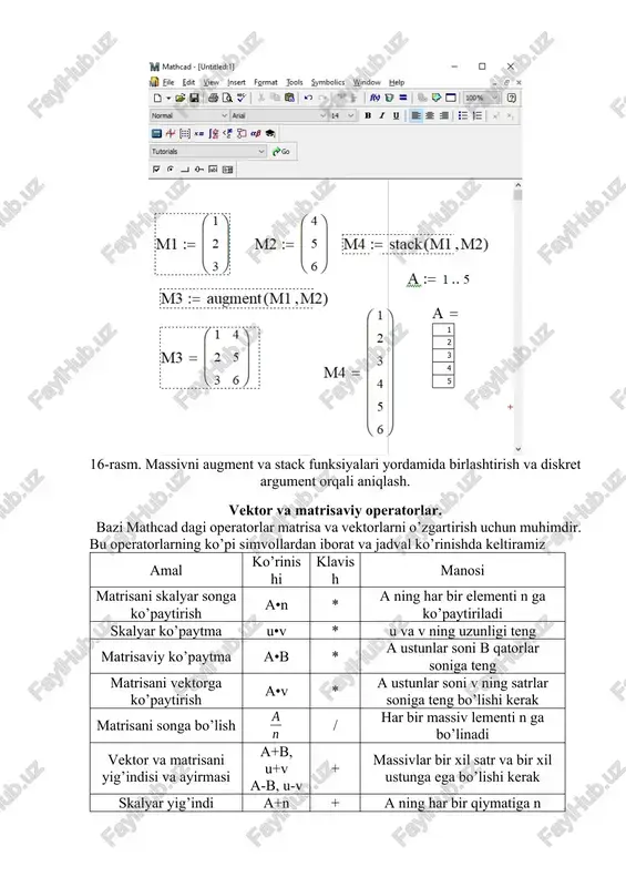 (a) a massivning satrlar soni cols(a) amassiyning ustunlar soni length(v) v vektorning elementlar soni last(v) v vektor elementining oxirgi indeksi max(a) a massivning eng katta elementi min(a) a massivning eng kichik elementi 18-rasm. matritsa ustida amallar matrisali funksiyalar. funksiya nomi hosil bo’ladi identity(n) nxn birlik matrisa re(a) a matrisa elementining aniq qismiga tegishli massiv im(a) a matrisaning mavhum qismiga tegishli massiv diag(v) v ni matrisa diagonalida joylashtiradi geninv(a) a- mxn matrisa m≥n rref(a) a matrisani bosqichli formasi 19-rasm. matritsa ustida amallar matrisani xarakteristikasi. funksiya nomi hosil bo’ladi tr(m) m-kvadrat matrisa diagonal elementlari yig’indisi mean(t) t-massiv elementlari o’rta arifmetigi. rank(a) a matrisaning rangi norm1(m) m matrisaning l1 normasi norm2(m) m matrisaning l2 normasi norme(m) m matrisaning evklid normasi normi(m) m matrisaning teng o’lchovli normasi cond1(m) m matrisa shartli soni l1 normaga asosli cond2(m) m matrisa shartli soni l2 normaga asosli conde(m) m matrisa shartli soni evklid normaga asosli cond(im) m matrisa …