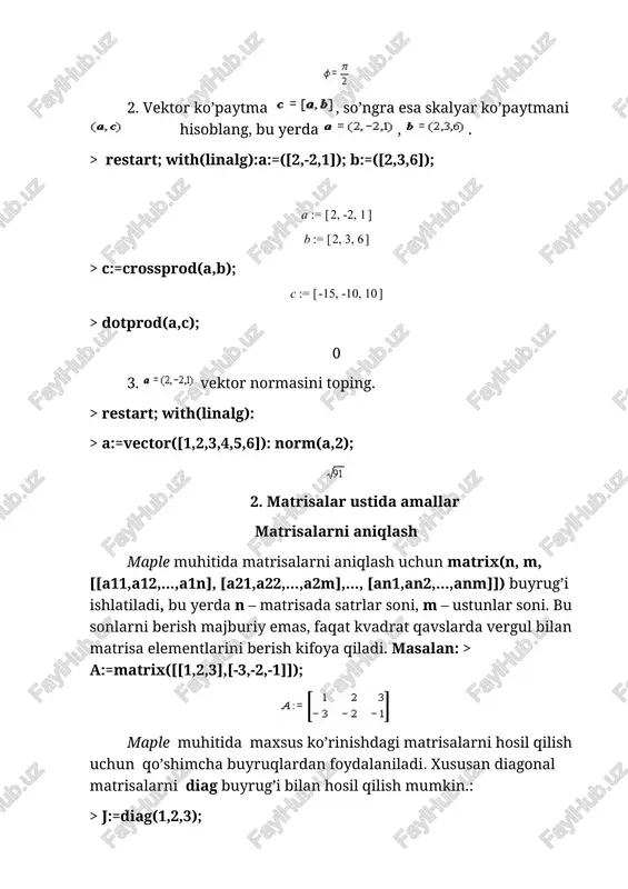 ix([[1,1],[2,3]]): > evalm(2+3*s); determinantlar, minorlar va algebraik to’ldiruvchilar. a matrisa determinanti det(a) buyrug’i bilan hisoblanadi. minor(a,i,j) buyrug’i matrisaning i-satri va j- ustunini o’chirishdan hosil bo’lgan matrisani beradi. a matrisaning aij elementining mij minorini det(minor(a,i,j)) buyruq bilan hisoblash mumkin. a matrisa rangi rank(a) buyrug’i bilan hisoblanadi. diagonal elementlarining yig’indisidan iborat bo’lgan a matrisa izi (sled) trace(a) buyrug’i bilan hisoblanadi. masalan: > a:=matrix([[4,0,5],[0,1,-6],[3,0,4]]); > det(a); 1 > minor(a,3,2); > det(%); -24 > trace(a); 9 teskari va transponirlangan matrisa a- 1 -teskari matrisa bo’lib, bunda a- 1a=aa- 1=ye, bu yerda ye - birlik matrisa. uni ikki usul bilan hisoblash mumkin: 1) evalm(1/a); 2) inverse(a). a matrisani transponirlash– bu satr va ustunlarning o’rinlarini almashtirishdir. natijada olingan matrisa transponirlangan deyiladi va a' bilan belgilanadi. transponirlangan a' matrisa transpose(a) buyrug’i bilan hisoblanadi. masalan, oldingi punkda berilgan a matrisa uchun unga teskari va transponirlangan matrisani topamiz. > inverse(a); > multiply(a,%); > transpose(a); matrisa turini aniqlash. matrisaning musbat …
