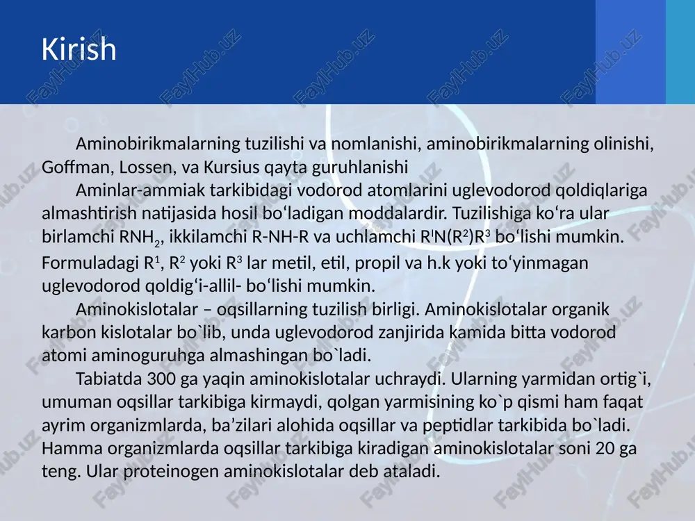 lar aminokislotalarning turlari, aminokislotalarning tuzilishi, -aminokislotalar va oqsillar, almashtirib bo‘lmaydigan -aminokislotalar, oqsillarning tuzilishi, xossalari va ahamiyati aminokislotalar-molekulasi tarkibida ham amino-(nh2), ham karboksil -(soon) guruhi bo‘lgan moddalardir. oqsillar esa turli xil -aminokislotalarning qoldiqlaridan tashkil topgan yuqorimolekulyar polipeptid birikmalardir. oqsillar tirik hayotning asosi bo‘lib murakkab tuzilishga egadir. aminokislotalar tarkibidagi 2 ta funksional guruhning bir-biriga nisbatan joylashishiga qarab -, - va -ami­no­kislotalar bo‘ladi. m-n: aminokislotalar tarkibida asimmetrik uglerod atomi bo‘lganligi uchun ularga ham optik izomeriya xosdir. ular ham qutblangan nurni o‘ngga (q) yoki chapga (-) buradi. d va l qatorlarga bo‘linadi. oqsil tarkibiga kiruvchi -aminokislotalar o‘ziga xos nomlarga ega. m-n: nh2-ch2-cooh glikokol, glitsin aminokislotalar ham aminlarning, ham karbon kislotalarning xossalariga ega. ular odatda, ichki tuz shaklida bo‘ladi va shuning uchun suvda eruvchan, kristall moddalardir. 2-amino-4-metiltiobutan kislota 2-amino-3-gidroksibutan kislota 2-amino-3-metilbutan kislota 2-amino-4-metilpentan kislota 2-amino-3-metilpentan kislota 2,6-diaminogeksan kislota 2-amino-3-fenilpropan kislota 2-amino-3-(3-indolil) propan kislota aminokislotalarni olish usullari ham aminobirikmalar va karbon kislotalarni olish usullariga o‘xshash. m-n …