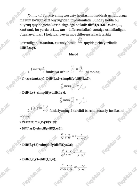 hisoblanadi. sonli integrallash evalf(int(f, x=x1..x2), e) buyrug’i orqali amalga oshiriladi, bu yerda e – hisoblash aniqligi (nuqtadan keyingi belgilar soni). parametrga bog’liq bo’lgan integrallar. parametr uchun cheklashlar. agar biror parametrga bog’liq integralni hisoblash tala etilgan bo’lsa, u holda uning qiymati shu parametrning ishorasiga yoki biror - bir cheklashlarga bog’liq bo’ladi. misol tariqasida quyidagi integralni qaraymiz. matematik tahlildan ma’lumki, bu integral a>0 da yaqinlashuvchi va a int(exp(-a*x), x=0..+infinity)=int(exp(-a*x), x=0..+infinity); . bunday usul bilan parametrli integralni hisoblab bo’lmaydi. hisoblashning aniq analitik natijasiga ega bo’lish uchun parametrning qiymati haqida biror bir mulohaza bildirish kerak bo’ladi, ya’ni unga ba’zi bir cheklashlar qo’yiladi. bu assume(f1) buyrug’i orqali amalga oshiriladi, bu yerda f1 – tengsizlik. qo’shimcha cheklashlar additionally(f2) buyrug’i yordamida kiritiladi, bu yerda f2 – parametr qiymatini boshqa tomondan cheklaydigan boshqa bir tengsizlik. cheklashlar o’rnatilgan keyin parametr nomidan so’ng (~) belgi paydo bo’ladi. a parametrga qo’yilgan cheklashlarni about(a) buyrug’i orqali aniqlashtirish mumkin. masalan: a parametrga quyidagi …