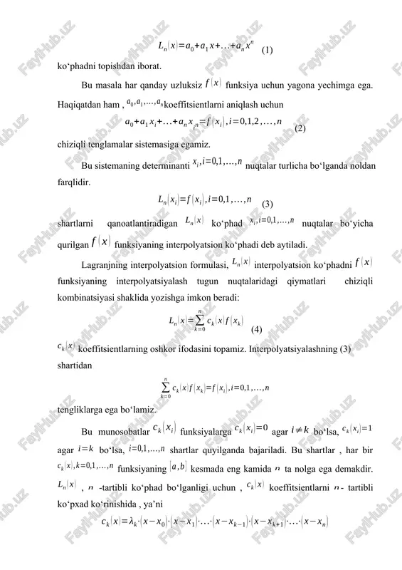 lab chiqamiz. interpolyatsiya xatoligi 3 – rasm. xatolik funksiyasining grafigi. 3.2nyutonning interpolyatsion formulasi. interpolyatsion ko‘phadning nyuton formulasi ko‘rinishi interpolyatsion ko‘phadni bitta tugun nuqta va funksiyaning ayirmali bo‘linmalari orqali ifodalaydi. bu ko‘rinish teylor formulasining ayirmali o‘xshatmasidan iboratdir. eng avval ayirmali bo‘linmalar to‘g‘risidagi ma’lumotlarni keltiramiz. faraz qilamiz, tugun nuqtalarda funksiyaning qiymatlari ma’lum bo‘lsin. birinchi tartibli ayirmali bo‘linmalar deb, nisbatlarga aytiladi. nuqtalar bo‘yicha tuzilgan birinchi tartibli ayirmali bo‘linmalardan foydalanib, ikkinchi tartibli ayirmali bo‘linmalarni tuzish mumkin: .................................................. shunga o‘xshash yuqori tartibli ayirmali bo‘linmalar tuziladilar. masalan, agar - tartibli ayirmali bo‘linmalar ma’lum bo‘lsa, -tartibli ayirmali bo‘linmalar kabi aniqlanadilar. - tartibli ayirmali bo‘linmalar funksiyaning tugun nuqtalaridagi qiymatlari orqali quyidagicha ifodalanadilar: (9) nyutonning interpolyatsion ko‘phadi deb, (10) ko‘phadga aytiladi. newtonmatrix funksiyasi ayirmali bo‘linmalar qiymatlari tablitsasini tuzadi. 4 –rasm. funksiya grafigi. 5 – rasm. nyuton interpolyatsion ko‘phadi grafigi nuqtalardagi xatoligini hisoblab chiqamiz. interpolyatsiya xatoligi: 6 – rasm xatolik funksiyasini grafigi. 3.3 cplayn yaqinlashtirish. faraz qilamiz kesmada berilgan tugun …