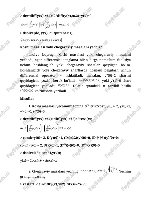 hish mumkin, xususan, noma’lum funksiyani darajali qatorga yoyish orqali. differensial tenglamaning yechimini darajali qator ko’rinishida yechish uchun dsolve buyrug’ida o’zgaruvchidan keyin type=series (yoki oddiy series) parametrni ko’rsatish kerak. qator yoyish darajasi n, ya’ni yoyish amalga oshiriladigan daraja ko’rsatkichini ko’rsatish uchun, dsolve buyrug’ini oldiga daraja tartibini aniqlash buyrug’i order:=n yoziladi. xususiy yechimlarni ajratish uchun boshlang’ich shartlarni y(0)=u1, d(y)(0)=u2, (d@@2)(y)(0)=u3 va hokozalarni berish kerak bo’ladi. darajali qatorga yoyish turi series bo’ladi, shuning uchun keyinchalik bu qator bilan ishlash uchun uni convert(%,polynom) buyrug’i bilan polinom ajratish, so’ngra esa rhs(%) buyrug’i bilan olingan natijani o’ng tomonini ajratish kerak bo’ladi. misollar 1. y''(x)- y3(x)=ye - xcosx differensial tenglamaning umumiy yechimini 4-tartibli darajali qatorga yoyish ko’rinishida toping. yoyishni y(0)=1, y'(0)=0 boshlang’ich shartlarda amalga oshiring.. > restart; order:=4: de:=diff(y(x),x$2)-y(x)^3=exp(-x)*cos(x): > f:=dsolve(de,y(x),series); izoh: olingan yoyilmada d(y)(0) noldagi hosilani bildiradi: y'(0). xususiy yechimni topish uchun boshlang’ich shartlarni berish qoldi: > y(0):=1: d(y)(0):=0:f; 2. koshi masalasining taqribiy yechimini 5-tartibli aniqlikgacha …