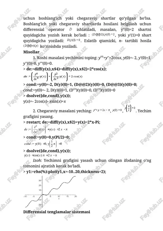 rdagi differensial tenglamalarning aniq analitik yechimini topish qiyin. bunday holda differensial tenglamani taqribiy metodlar orqali yechish mumkin, xususan, noma’lum funksiyani darajali qatorga yoyish orqali. differensial tenglamaning yechimini darajali qator ko’rinishida yechish uchun dsolve buyrug’ida o’zgaruvchidan keyin type=series (yoki oddiy series) parametrni ko’rsatish kerak. qator yoyish darajasi n, ya’ni yoyish amalga oshiriladigan daraja ko’rsatkichini ko’rsatish uchun, dsolve buyrug’ini oldiga daraja tartibini aniqlash buyrug’i order:=n yoziladi. xususiy yechimlarni ajratish uchun boshlang’ich shartlarni y(0)=u1, d(y)(0)=u2, (d@@2)(y)(0)=u3 va hokozalarni berish kerak bo’ladi. darajali qatorga yoyish turi series bo’ladi, shuning uchun keyinchalik bu qator bilan ishlash uchun uni convert(%,polynom) buyrug’i bilan polinom ajratish, so’ngra esa rhs(%) buyrug’i bilan olingan natijani o’ng tomonini ajratish kerak bo’ladi. misollar 1. y''(x)- y3(x)=ye - xcosx differensial tenglamaning umumiy yechimini 4-tartibli darajali qatorga yoyish ko’rinishida toping. yoyishni y(0)=1, y'(0)=0 boshlang’ich shartlarda amalga oshiring.. > restart; order:=4: de:=diff(y(x),x$2)-y(x)^3=exp(-x)*cos(x): > f:=dsolve(de,y(x),series); izoh: olingan yoyilmada d(y)(0) noldagi hosilani bildiradi: y'(0). xususiy yechimni topish …