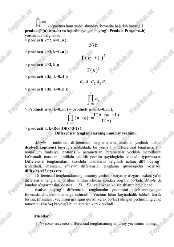 larini ko’rsatadi, masalan, jimlikda analitik yechim quyidagicha izlanadi: type=exact. differensial tenglamalarni tuzishda hosilalarni belgilash uchun diff buyrug’i ishlatiladi, masalan, y''+y=x differensial tenglama quyidagicha yoziladi: diff(y(x),x$2)+y(x)=x. differensial tenglamalarning umumiy yechimi ixtiyoriy o’zgarmasdan, ya’ni differensial tenglama tartibini bildiruvchidan sondan bog’liq bo’ladi. maple da bunday o’zgarmaslar, odatda , _s1, _s2, va hokazo ko’rinishlarda belgilanadi dsolve buyrug’i differensial tenglamalar yechimini hisoblanmaydigan formatda chiqarishni amalga oshiradi. yechim bilan keyinchalik ishlash kerak bo’lsa, (masalan , yechimni grafigini qurish kerak bo’lsa) olingan yechimning chap tomonini rhs(%) buyrug’i bilan ajratish kerak bo’ladi. misollar 1 y'+ycosx=sinx cosx differensial tenglamaning umumiy yechimini toping. > restart; > de:=diff(y(x),x)+y(x)*cos(x)=sin(x)*cos(x); > dsolve(de,y(x)); 2. y''= 2y'+y=sinx+e – x ikkinchi tartibli differensial tenglamaning umumiy yechimini toping. > restart; > deq:=diff(y(x),x$2)-2*diff(y(x),x)+y(x)=sin(x)+exp(-x); > dsolve(deq,y(x)); 3. q> k va q=k (rezonans) ikki holda y''+k2y=sin(qx) differensial tenglamaning umumiy yechimini toping. > restart; de:=diff(y(x),x$2)+k^2*y(x)=sin(q*x); de:= > dsolve(de,y(x)); endi rezonans holida yechimni topamiz. buning uchun dsolve buyrug’ining oldida q=k ni yozish …