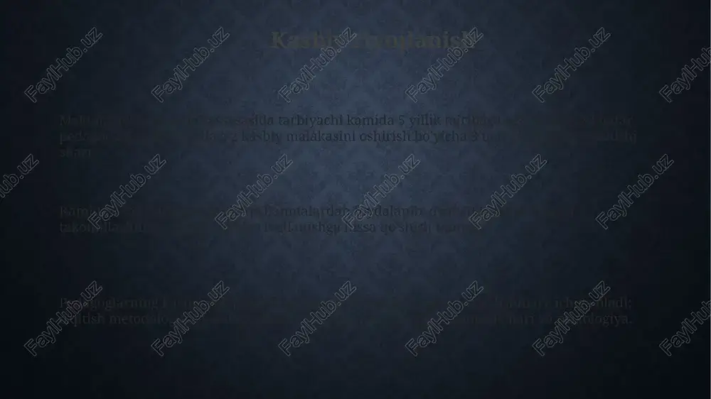 ida oyiga bir marta ota-onalar bilan uchrashuv o'tkazib, bolaning rivojlanishi to'g'risida ma'lumot berishi va kamida 3 ta tavsiyani berishi kerak. tarbiyachining vazifalariga bolalar bilan kundalik rejalarga muvofiq kamida 4 ta turdagi o'yinlar va mashg'ulotlar o'tkazish, shuningdek, ularning badiiy-estetik tarbiyasi bilan shug'ullanish kiradi. maktabgacha ta'lim muassasasi tarbiyachisi kamida 15 nafar bolaning rivojlanishi va tarbiyasi uchun mas'ul bo'lib, ularning yosh xususiyatlarini hisobga olgan holda individual yondashuvni ta'minlashi shart. o'quv-tarbiyaviy jarayonni tashkil etish o'quv-tarbiyaviy jarayonni samarali tashkil etish uchun kamida 3 ta turli o'quv faoliyatini (masalan, o'yin, qo'shiq, hikoya) birlashtirib, 20-30 daqiqalik dars rejalarini tuzish muhim. bolalar rivojlanishining 5 ta asosiy sohasini (jismoniy, intellektual, ijtimoiy-emotsional, nutq va ijodiy) inobatga olgan holda, yoshga mos didaktik materiallar va o'quv vositalaridan foydalanish kerak. har bir o'quv faoliyatidan so'ng, bolalarning 70% dan ortig'i mavzuni tushunganligini baholash uchun individual yoki guruhli baholash usullarini qo'llash lozim. huquqiy va axloqiy mas'uliyat har bir bolaga individual yondashuv, teng imkoniyatlar ta'minlash va …