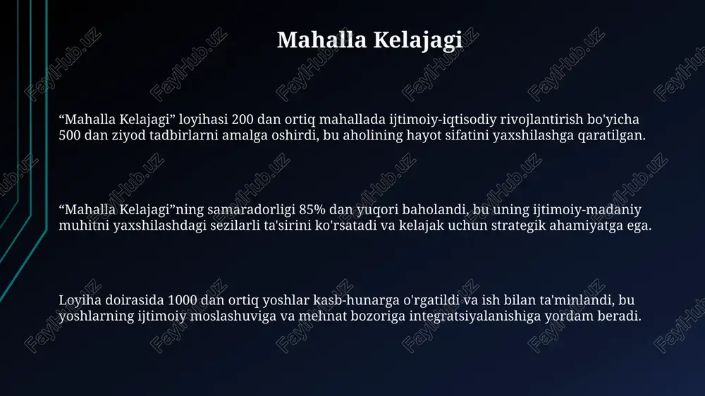 darajasini 15% ga kamaytirishga yordam berdi. mahalla va ta'lim “mahalla va ta’lim” dasturi 200 dan ortiq mahalla hududlarida 5000 dan ziyod o’quvchiga ta’lim va tarbiya berishga qaratilgan ijtimoiy loyiha hisoblanadi. ushbu dastur doirasida bolalarga 15 ga yaqin fanlardan qo’shimcha mashg’ulotlar, shuningdek, sport va san’at bo’yicha kurslar taklif etiladi. “mahalla va ta’lim”ning samaradorligi 85% ga yaqin o'quvchilarning akademik ko'rsatkichlarini yaxshilanishi bilan tasdiqlangan. mahalla va davlat siyosati 2022 yilgi ma'lumotlarga ko'ra, mahallalardagi jinoyatchilik darajasi o'rtacha 15% ga kamaygan, bu esa mahallaning jamoat xavfsizligini ta'minlashdagi samaradorligini ko'rsatadi. mahalla instituti o'zbekistonda aholining 10% dan ortig'ini ish bilan ta'minlaydi, bu davlatning ijtimoiy-iqtisodiy siyosatining muhim qismi hisoblanadi. davlat tomonidan mahallalarga ajratilgan byudjet mablag'larining 25% dan ortig'i ijtimoiy infratuzilmani rivojlantirishga, ya'ni, maktab, bog'cha va kasalxonalarni qurish va ta'mirlashga yo'naltiriladi. mahalla madaniyati va an'analari mahalla madaniyatida oilaviy qadriyatlar va qo'shnichilik munosabatlari yuqori darajada qadrlanadi, bu esa ijtimoiy yaxlitlik va birdamlikni ta'minlaydi. mahalla madaniyati 500 dan ortiq yillik tarixga …