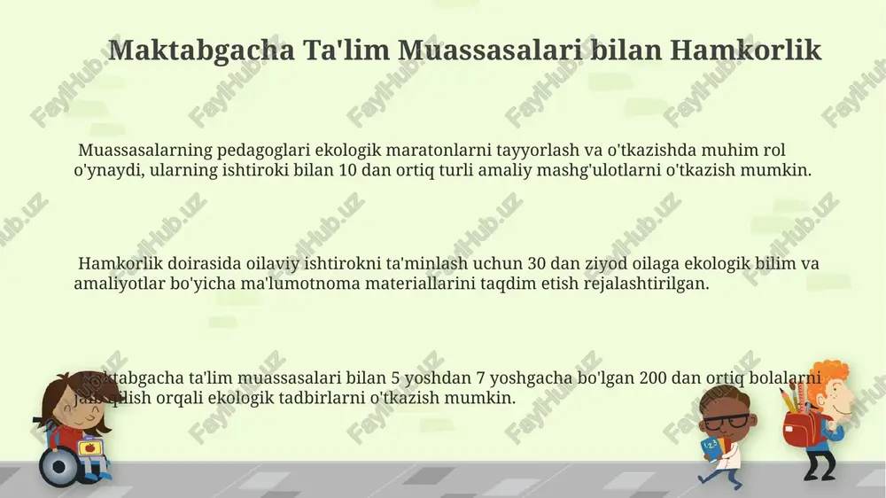 mkorlikni yo'lga qo'yish ota-onalarning kamida 70% ishtiroki bilan maratonning samaradorligi 30% ga oshadi, bu esa bolalarning ekologik bilim darajasini yuksaltiradi. onlayn platforma orqali ota-onalar bilan doimiy aloqa o'rnatish, kamida 20 ta ahamiyatli xabar va ogohlantirishlarni o'z vaqtida yetkazish imkonini beradi. ota-onalar bilan 5 tadan ortiq qo'shma tadbirlar rejalashtirib, ularning bolalar ekologik maratonlarida faol ishtirokini ta'minlash mumkin. e'tiboringiz uchun rahmat @taqdimot_robot image1.png