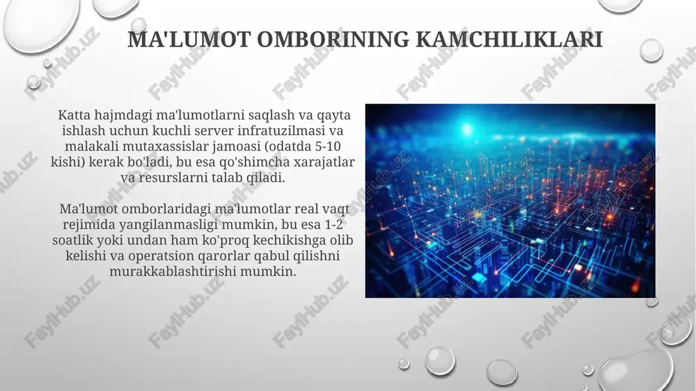 . ma'lumot ombori nima? ma'lumot ombori – bu turli manbalardan olingan tuzilgan ma'lumotlarning markazlashtirilgan ombori bo'lib, tahlil qilish va biznesga oid qarorlar qabul qilish uchun ishlatiladi, odatda 100 dan ortiq jadvallarni o'z ichiga oladi. ma'lumotlar omborining asosiy vazifasi – biznes jarayonlarini kuzatish va ularni optimallashtirish uchun ma'lumotlarni birlashtirish, masalan, sotish hajmini, marketing xarajatlarini va mijozlar sonini tahlil qilish orqali 5-10% gacha samaradorlikni oshirishga yordam beradi. ma'lumot omborining afzalliklari ma'lumot omborlari biznes ahamiyatiga ega bo'lgan tendentsiyalarni aniqlash imkonini beradi, masalan, sotish hajmining 15% ga o'sishiga olib keladigan mahsulotlarni va mijozlar segmentlarini aniqlashga yordam beradi. ma'lumot ombori korxona ichidagi turli manbalardan kelgan ma'lumotlarni yagona platformada birlashtirib, tahlil qilish va hisobot tuzish jarayonini 30% ga tezlashtiradi va samaradorlikni oshiradi. ma'lumot ombori va biznes razvedkasi biznes razvedkasi (bi) vositalari ma'lumot ombori bilan integratsiyalashgan holda, kompaniya daromadini 15% ga oshirishga yordam beradigan foydali tahlillar va prognozlarni taqdim etadi. olap texnologiyalari bu jarayonda muhim rol o'ynaydi. …