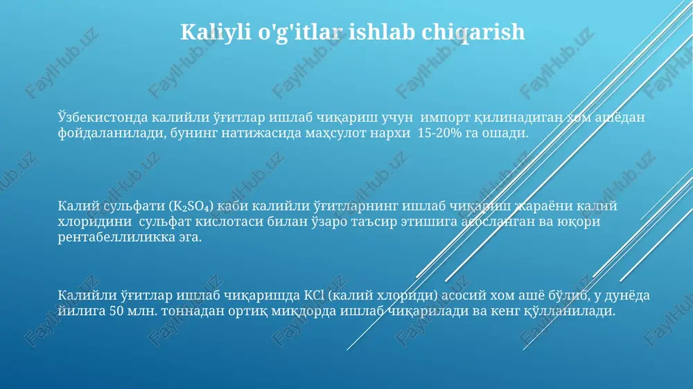 kzotermik bo'lib, ishlab chiqarishda 70-80% li sulfat kislota ishlatiladi. azotli o'g'itlar ishlab chiqarishda ammiak sintezi jarayoni yuqori bosim (150-350 atmosfera) va harorat (400-550°c) sharoitida temir katalizator ishtirokida amalga oshiriladi. sifat nazorati va standartlar xlor, og'ir metallar va boshqa zararli aralashmalarga nisbatan qat'iy chegaralar belgilangan bo'lib, ular 0,5% dan oshmasligi kerak, bu sifat nazoratining muhim tarkibiy qismi hisoblanadi. o'g'itlarning granula o'lchamlari va mexanik mustahkamligini aniqlash uchun sinovlar o'tkaziladi, bunda 90% dan ortiq granulalar 2-4 mm diametrda bo'lishi kerak, mustahkamlik esa 95% dan kam bo'lmasligi lozim. mineral o'g'itlar ishlab chiqarishda sifat nazorati iso 9001:2015 standartlariga asoslanib, har bir partiya uchun 100% tekshiruvni o'z ichiga oladi va bunda kamida 5 ta asosiy parametr – azot, fosfor, kaliy miqdori va boshqalar tekshiriladi. ekologik xavfsizlik fosfatli o'g'itlar ishlab chiqarish jarayonida ftor va kadmiy kabi zaharli elementlarning 0,1 ppm dan yuqori bo'lmagan miqdorda chiqishi qat'iy nazorat qilinadi. mineral o'g'itlar ishlab chiqarishda chiqindi suvlarning 90% dan ortig'i …