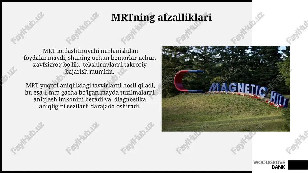 ga oshiradi va shifokorlarning ish yukini kamaytiradi. woodgrove bank tibbiyotdagi qo'llanilishi bo'g'imlarning shikastlanishlarini, masalan, menisk yirtilishini yoki ligament shikastlanishini aniqlashda mrtning yuqori aniqligi (taxminan 95% ga yaqin) diagnostika jarayonini sezilarli darajada yaxshilaydi. mrt yordamida miya o'smalarini aniqlash va ularning hajmini, joylashuvini 3d tasvirlar orqali aniq o'lchash mumkin, bu esa jarrohlik amaliyotini rejalashtirishda muhim ahamiyat kasb etadi. woodgrove bank mrtning fizikaviy printsiplari suv molekulalarining zichligi va harakatchanligidagi farqlar tufayli, turli xil to'qimalar (suyak, mushak, yog' va boshqalar) magnit rezonans signallarining farqlanishiga olib keladi, bu esa yuqori aniqlikdagi tasvirlarni hosil qilish imkonini beradi. mrt kuchli magnit maydoni (odatda 1,5 dan 3 tesla gacha) va radioto'lqinlar yordamida vujudning ichki tuzilmalarini tasvirlashga asoslangan bo'lib, turli to'qimalarning protonlarining magnit rezonansi xususiyatlaridan foydalanadi. woodgrove bank tekshiruv jarayoni mrt tekshiruvi paytida turli to'qimalarni farqlash uchun turli impuls ketma-ketliklari (masalan, t1, t2, flair) qo'llaniladi va shu orqali patologiyalar aniqlanadi, bu jarayon taxminan 1000 dan ortiq kesma hosil qilishni …