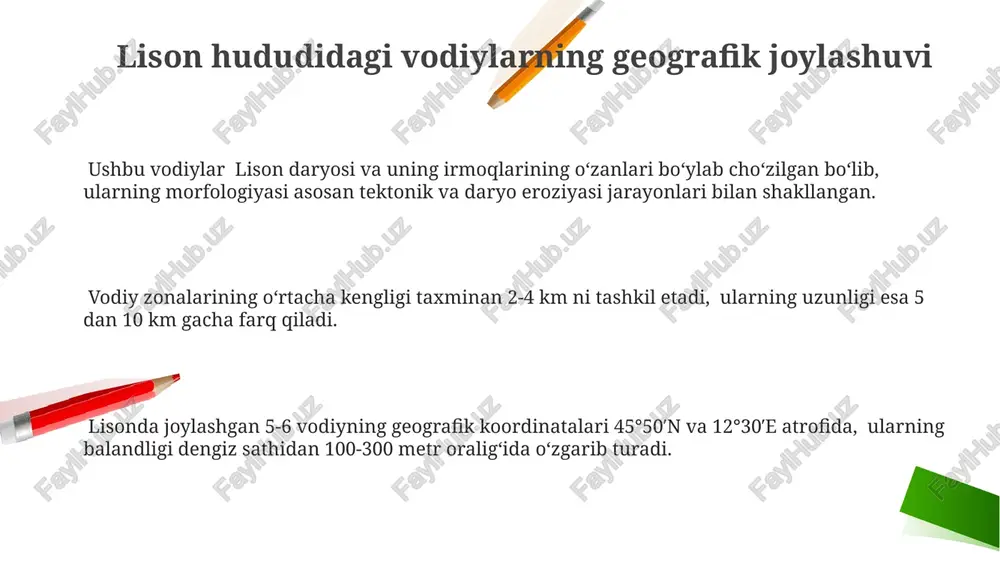 gi vodiylarning 30-40% qismi allüvial tekisliklardan iborat boʻlib, unumdor tuproq qatlami 50-70 sm ga yetadi. vodiy yon bagʻirlari 15-25 graduslik qiyalik bilan xarakterlanib, toshloq-qoʻngʻir tuproqlar bilan qoplanadi, eroziya darajasi yuqori. gidroklimaticheskie sharoitlar o'rtacha harorat ko'rsatkichlari vodiylar bo'yicha farqlanib, shimoliy yon bag'irlarda 10-12°c, janubiy yon bag'irlarda esa 12-14°c ga yetishi kuzatildi. bu esa o'simliklarning tur tarkibiga ta'sir qiladi. lison hududidagi vodiy(lar)ning gidroklimatik sharoitlarini tahlil qilishda yillik yog'in miqdori 500-700 mm oralig'ida o'zgarib turishi aniqlandi, bu esa suv resurslarining mavjudligiga ta'sir ko'rsatadi. tahlilda 5 ta vodiyda o'rtacha nisbiy namlik 70-80% oralig'ida bo'lib, bu yuqori namlikka chidamli o'simlik turlarining o'sishiga imkon beradi. e'tiboringiz uchun rahmat @taqdimot_robot image2.png image1.png