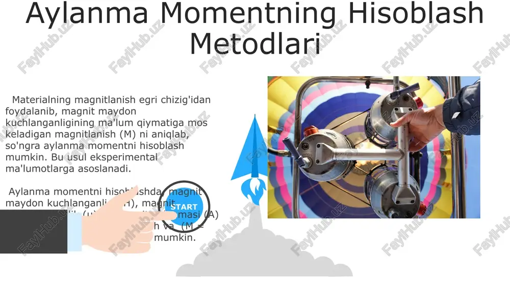 hadi, lekin faza siljishi 5° gacha kuzatiladi. 1 kgts chastotaga ega garmonik ta'sir taxminan 5 mkn·m burilish momentini keltirib chiqaradi, bu past chastotali ta'sirga nisbatan kamroq. 06 05 04 kelajakdagi tadqiqot yo'nalishlari 01 02 magnit-elektr materialning o'lchamlari va shakllarini optimallashtirish orqali aylanma momentining samaradorligini 20% dan yuqori darajaga oshirish bo'yicha eksperimental va nazariy tadqiqotlar o'tkazish muhimdir. kelajakdagi tadqiqotlar yuqori chastotali (>10 ghz) diapazonlarda magnit-elektr sistemalaridagi aylanma momentining xususiyatlarini o'rganishga qaratilishi mumkin, bu esa yangi avlod mikrodalgalar texnologiyalarini yaratishga imkon beradi. aylanma momentining ta'rifi va asosiy tushunchalar aylanma momentining kattaligi materialning magnit-elektr birikmasi koeffitsientiga (αij) va qo'llaniladigan magnit va elektr maydonlarining kuchlanganliklariga proporsional bo'lib, o'zgaruvchi kuchlanishli 50-60 hz chastotadagi magnit maydoni ta'sirida kuchayishi mumkin. magnetoelektrik sistemalarda aylanma momentining yo'nalishi, tashqi magnit maydonining kuchlanganligi va materialning magnit-elektr xususiyatlariga, xususan, 10⁻⁶-10⁻³ buyruqdagi dielektrik o'tkazuvchanligi va magnit o'tkazuvchanlik koeffitsientiga bog'liq. magnetoelektrik sistemalarda aylanma momentiga kirish aylanma momentining hosil bo'lish mexanizmi, spin-orbit o'zaro ta'siri va …
