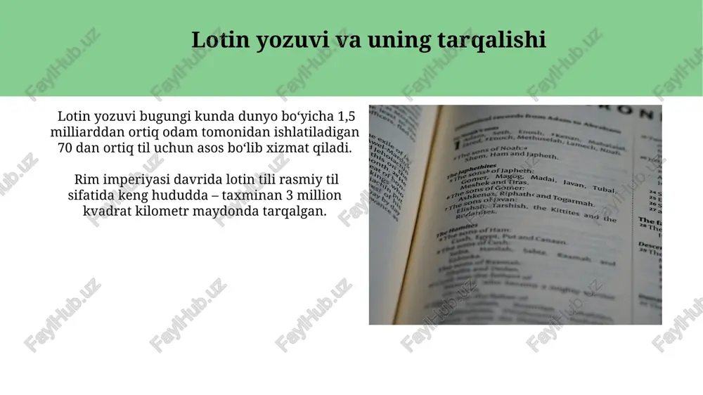'z va terminologiyaga ega bo'lgan zamonaviy tillar lug'atining boyligini tushunishga yordam beradi, bu esa boshqa tillarni o'rganishni ancha osonlashtiradi. lotin tili grammatikasi, ingliz, fransuz, ispan va italyan tillari kabi ko'plab roman tillarining grammatik tuzilishiga asos bo'lib, ularni o'rganish jarayonini tezlashtiradi va osonlashtiradi. roman tillari oilasi rim tillari oilasidagi tillar grammatik tuzilishi bo'yicha o'xshashliklarga ega, masalan, fe'lning zamon va mayl tizimlarida 4-5 ta asosiy zamon mavjud. rim tillari oilasiga lotin tili, uning 6 ta asosiy tarmog'i va minglab kichik tillar kiradi, bu esa uning dunyo tillariga ta'sirini ko'rsatadi. lotin tili va ilmiy terminologiya lotin tili grammatik tuzilishi va aniq terminologiyasi tufayli, ko'plab huquqiy va texnik hujjatlarni yozishda 20 dan ortiq mamlakatda rasmiy til sifatida ishlatiladi. lotin tilidan olingan taxminan 60% ga yaqin ilmiy terminlar tibbiyot, biologiya va kimyo kabi fanlarda qoʻllaniladi, ularning xalqaro miqyosda tushunarli boʻlishini ta'minlaydi. lotin tilidan olingan so‘zlar "aqua" (suv), "terra" (yer), va "vita" (hayot) kabi asosiy lotin …