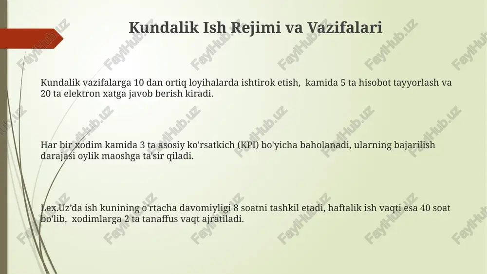 ortiq turdagi zamonaviy dasturiy ta'minot va apparat vositalaridan foydalaniladi, jumladan, yuqori tezlikdagi serverlar va bulut texnologiyalari. kompaniya xodimlariga 24/7 kirish imkoniyati beriladigan 1000 dan ortiq qurilma va texnik resurslar mavjud bo'lib, ularning samaradorligini oshirishga yordam beradi. ishga qabul qilish talablari va mezonlari nomzodlarning kompyuter savodxonligi darajasi va microsoft office dasturlari (word, excel, powerpoint) bilan ishlash ko'nikmalari baholanadi, kamida 5 yillik tajribaga ega bo'lganlar uchun qo'shimcha ballar qo'shiladi, intervyu jarayoni 3 bosqichdan iborat. ishga qabul qilishda cv va rezyume, motivatsion xat va tavsiyanomalar muhim ahamiyatga ega, kamida 3 ta referensiya ko'rsatish talab qilinadi, tanlov jarayonida muvaffaqiyatli nomzodlarning kommunikatsion ko'nikmalari va jamoada ishlash qobiliyatlari sinchkovlik bilan tekshiriladi. lex.uz da ishga qabul qilish uchun kamida 2 yillik tegishli sohadagi tajriba va oliy ma'lumot, shuningdek, ingliz tilida muloqot qilish malakasi talab etiladi, nomzodlarning 80% dan yuqori ball to'plagan test natijalari ham hisobga olinadi. o'qitish va malaka oshirish imkoniyatlari lex.uz da 50 dan ortiq onlayn …