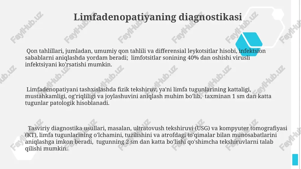 keladi, bu esa jiddiy kasalliklarning, masalan, limfoma yoki leykemiyaning belgisini ko'rsatishi mumkin. limfadenopatiyaning sabablari limfadenopatiyaning 30% dan ortig'i yuqumli kasalliklar, masalan, mononuklyoz yoki sil kasalligi kabi virusli va bakterial infektsiyalar tufayli yuzaga keladi. limfoma va leykemiya kabi malign neoplazmalar limfadenopatiyaning 10-20% ni tashkil qiladi, bu holatlarda shishgan limfa tugunlari saraton hujayralarining ko'payishi natijasidir. autoimmun kasalliklar, masalan, revmatoid artrit yoki lupus, limfa tugunlarining yallig'lanishiga va shishishiga olib kelishi mumkin, bu holatlarning taxminan 5-10% ni tashkil etadi. e'tiboringiz uchun rahmat @taqdimot_robot