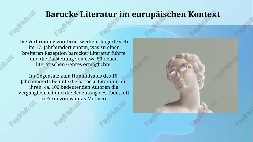 n die vergänglichkeit des menschlichen lebens und die macht des todes. das "locus amoenus"-motiv, der ideale naturort, findet sich zwar, wird aber oft ironisch gebrochen; die idylle ist geprägt von dunklen aspekten und verbirgt oft eine existenzielle angst. beliebte barocke genres die barocke sonettform, mit ihren 14 zeilen und strengem reimschema, ermöglichte lyrische ausdrucksintensität und wurde von zahlreichen autoren für religiöse und weltliche themen genutzt. die emblematik, eine verbindung von bild und text, erfuhr im barock große popularität und bestand aus drei elementen: bild (icon), motto (motto) und erklärung (subscriptio). emblematik und symbolik emblembücher, mit hunderten von emblemen und ihren interpretationen, waren im 17. jahrhundert wesentliche quellen und beeinflussten die barocke literatur stark. die symbolik in barocken texten, etwa sonette oder dramen, verwendete zahlreiche religiöse und mythologische figuren, um moralische und politische botschaften zu kodieren. der einfluss des barocks auf spätere epochen der barocke stil, mit seinen dynamischen kontrasten und …