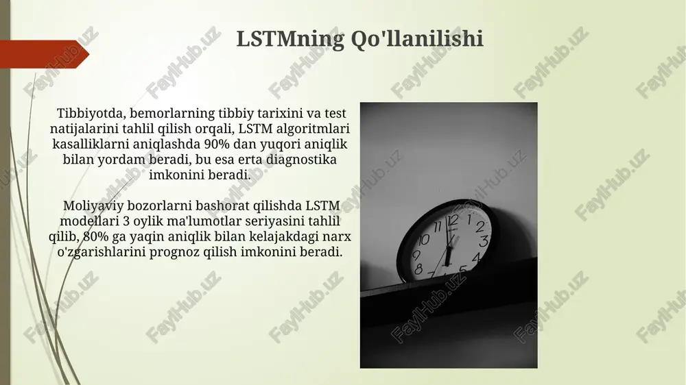 taqqoslash lstmlar, oddiy rekurrent neyron tarmoqlariga (rnn) nisbatan, uzun muddatli bog'liqliklarni 100 dan ortiq vaqt qadamlarida saqlashda 30% ga ko'proq samarali. gradient yo'qolib ketish muammosi lstmlarda, oddiy rnnlarga nisbatan ancha kam uchraydi, bu esa uzun ketma-ketliklardagi ma'lumotlarni qayta ishlashda 15% yuqori aniqlikka erishish imkonini beradi. uzoq qisqa muddatli xotira nima? lstm arxitekturasi uchta darvoza (eshik) mexanizmini – kirish, unutish va chiqish darvozalarini o'z ichiga oladi, bu esa tarmoqning ma'lumotni saqlash va unutish qobiliyatini boshqarishga imkon beradi. uzoq muddatli bog'liqliklarni modellashtirishda yuqori aniqlikka erishishga yordam beradi. uzoq qisqa muddatli xotira (lstm) – bu ketma-ketlik ma'lumotlarini qayta ishlash uchun mo'ljallangan rekursiv neyron tarmoq turi bo'lib, u 1997-yilda taklif qilingan va standart rnn larning gradient yo'qolishi muammosini hal qilishga qaratilgan. kirish darvozasi (input gate) kirish darvozasi sigmoid funksiyasidan foydalanib, 0 dan 1 gacha bo'lgan qiymatni hosil qiladi va bu qiymat tanlangan ma'lumotlarning qancha qismi xotiraga yozilishini belgilaydi. ushbu darvoza, kirish ma'lumotlari va oldingi …