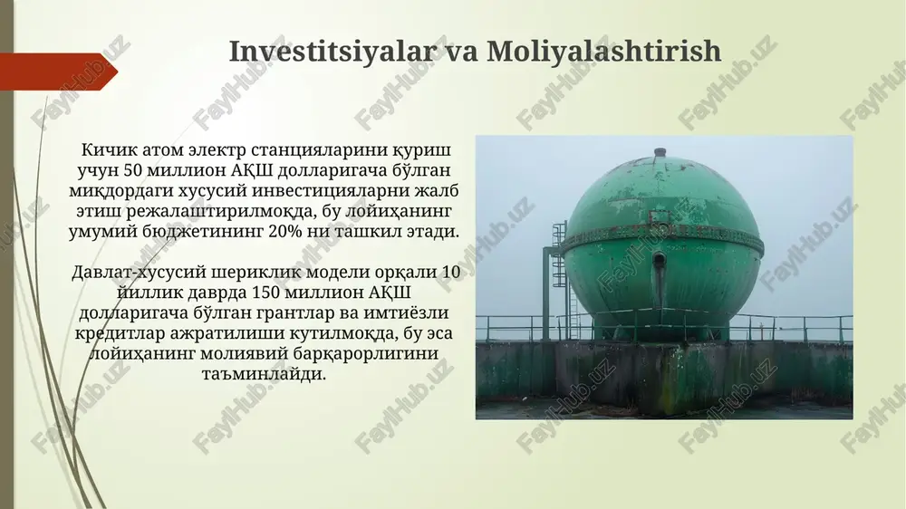 nafar yuqori malakali injenerni o'z ichiga oladi va yillik budjeti 2 million aqsh dollaridan oshadi. kichik atom stansiyalarining uzluksiz ishlashini ta'minlash uchun "texnik xizmat ko'rsatish va ta'mirlash" xizmati 7/24 rejimida, 3 ta smenada ishlaydi va o'rtacha 1 oyda 15 ta rejalashtirilgan profilaktika ishlarini amalga oshiradi. kadrlar tayyorlash va malaka oshirish malaka oshirish jarayonida 15 dan ortiq zamonaviy simulyatorlar va virtual laboratoriyalar qo'llaniladi, bu esa xodimlarning tajribasini 20% ga oshirish imkonini beradi. "kadrlar tayyorlash va malaka oshirish" bo'yicha 50 dan ortiq mutaxassislarni tayyorlash va qayta tayyorlash dasturlari mavjud bo'lib, ular yadro energetikasi sohasidagi 10 dan ortiq mutaxassisliklarni o'z ichiga oladi. qurilish va ishga tushurish jarayoni kichik atom elektr stansiyalarini qurish 5-7 yil davom etadi va loyiha qiymati o'rtacha 500 million dollardan oshadi, bu esa katta hajmdagi investitsiyalarni talab qiladi. qurilish jarayonida xavfsizlik choralariga alohida e'tibor qaratiladi, radiatsion nazorat tizimlari va favqulodda vaziyatlarga tayyorgarlik rejasi 3 bosqichda amalga oshiriladi. kichik atom elektr …