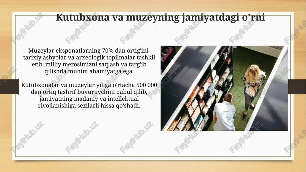 mavjud boʻlib, ular yosh avlodning bilim va koʻnikmalarini shakllantirishda muhim rol oʻynaydi, shu bilan birga axborot madaniyatini rivojlantiradi. kutubxona va muzey oʻquv jarayoniga faol integratsiyalashgan holda, talabalarning mustaqil fikrlash qobiliyatini rivojlantirishga, kamida 20% ga bilimlarini oshirishga yordam beradi. madaniy merosni saqlash va targ'ib qilish milliy muzey fondlarida 500 000 dan ortiq eksponatlar mavjud bo'lib, ularning 10% dan kamrog'i doimiy ekspozitsiyada namoyish etiladi, bu arxivlash va tadqiqot ishlarini kuchaytirish zaruratini ko'rsatadi. madaniy merosni targ'ib qilish bo'yicha davlat dasturlari 20% ga yaqin o'sishni ko'rsatmoqda, lekin mahalliy jamoalarni jalb qilish va ijtimoiy tarmoqlardan samarali foydalanishni yaxshilash talab etiladi. zamonaviy texnologiyalar va kutubxona kutubxonalarda qr-kodlar orqali qo'shimcha ma'lumotlar, audio-kitoblar va videolarga kirish imkoniyati mavjud bo'lib, o'quv jarayonini boyitadi va 20% ga tezlashtiradi. zamonaviy kutubxonalar elektron kataloglar va ma'lumotlar bazalarini o'z ichiga olib, 100 000 dan ortiq kitob va jurnalga onlayn kirish imkonini beradi. e'tiboringiz uchun rahmat @taqdimot_robot image7.jpg image8.jpg image9.jpg image10.jpg image11.jpg image12.jpg image13.jpg …