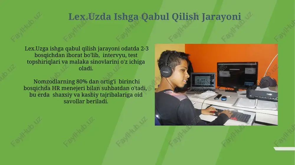 o'sish kompaniya xodimlar malakasini oshirish uchun yiliga o'rtacha 1000 soatdan ortiq treninglar va seminarlar o'tkazadi, bu esa ularning professional kompetentsiyasini oshirishga yordam beradi. lex.uz da 360 daraja baholash tizimi orqali xodimlar o'zlarining kuchli va kuchsiz tomonlarini aniqlab, shaxsiy rivojlanish rejalari tuzishadi va 70% dan ortiq xodimlar yillik maqsadlariga erishadi. e'tiboringiz uchun rahmat @taqdimot_robot image1.jpg image2.jpg image3.jpg image4.jpg image5.jpg image6.jpg image7.jpg image8.jpg image9.jpg image10.jpg image11.jpg image12.jpg