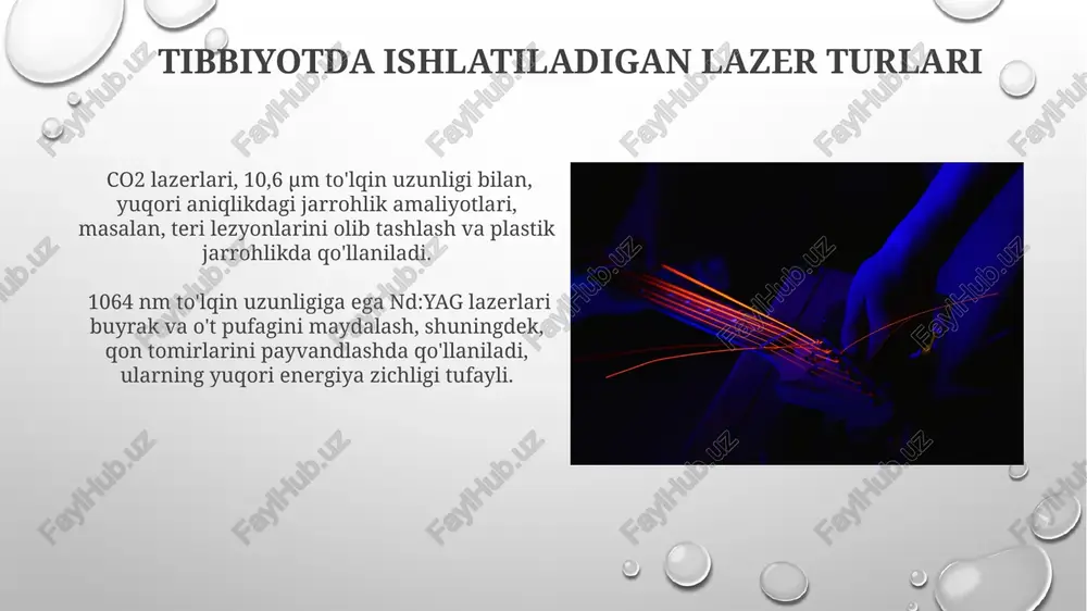 tiladi, bu usulda 90% dan ortiq samaradorlikka erishiladi va fotosensitiv dorilar bilan birgalikda qo'llaniladi. lazer jarrohligi, aniqligi yuqori boʻlgan, minimal invaziv protseduralarni amalga oshirish imkonini beradi, bu esa bemorlarning tezroq tiklanishiga va kamroq asoratlarga olib keladi, masalan, kichik kesmalar bilan 50% ga qadar qon ketishni kamaytiradi. stomatologiyada lazer texnologiyalari stomatologiyada lazerli terapiya yordamida 90% gacha og‘riqsiz tishlarni davolash mumkin, bu esa bemorlarning qulayligi va davolanishga bo‘lgan munosabatini yaxshilaydi. diodle lazerlar periodontal kasalliklarni davolashda samarali bo‘lib, yallig‘lanishni kamaytiradi va 85% hollarda tish go‘shtining regeneratsiyasini tezlashtiradi. oftalmologiyada lazer qo'llanilishi glaukoma davolashda selektiv lazer trabeküloplastika (slt) protsedurasi, ko'z ichidagi bosimni kamaytirishda yordam beradi va standart dastgohlar bilan 10-15 daqiqa davom etadi. oftalmologiyada lazerli fotokoagulyatsiya, retinaning yirtilishini va qon ketishini to'xtatishda qo'llaniladi, muvaffaqiyat darajasi 90% dan yuqori bo'lib, 1000 ga yaqin bemor ustida o'tkazilgan tadqiqotlar natijalariga asoslanadi. lazer nuri va uning xossalari lazer nurining koherentligi tufayli, u juda tor nur hosil qiladi va energiya …
