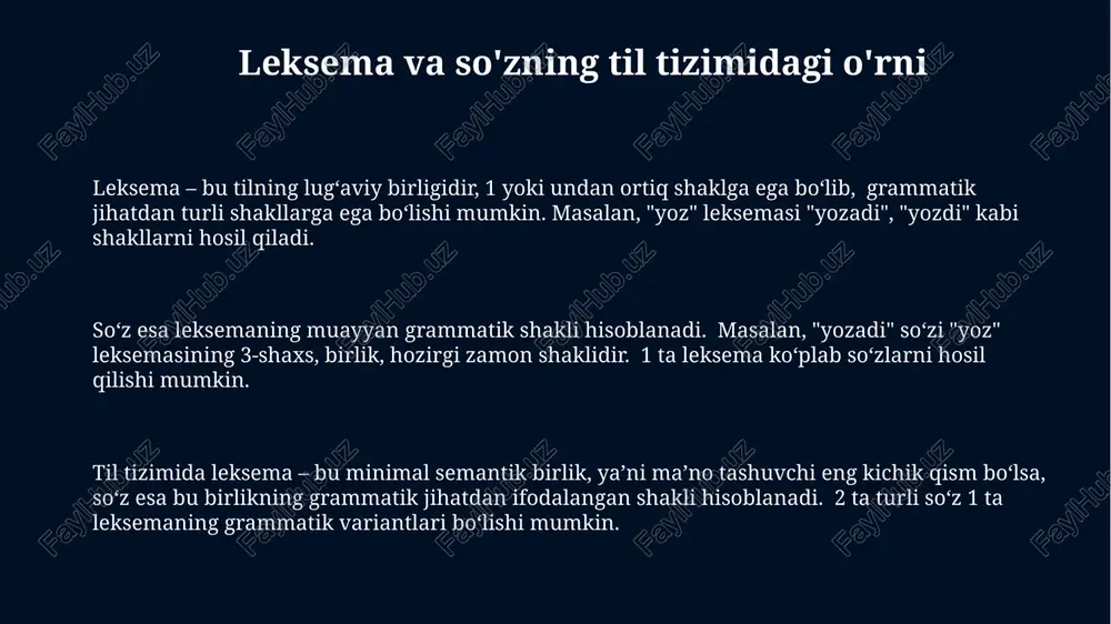 n ortiq soʻzlarni oʻz ichiga oladi, masalan, "katta" soʻzining sinonimlari sifatida "ulugʻ", "buyuk" soʻzlarini keltirish mumkin. antonimlar esa leksik maʼnosi qarama-qarshi boʻlgan soʻzlardir. masalan, "issiq" soʻzining antonimi "sovuq", "yaxshi"ning antonimi esa "yomon" hisoblanadi. bu munosabatlar 1 ga 1 yoki koʻpga koʻp boʻlishi mumkin. so'zning asosiy xususiyatlari so'zning grammatik xususiyatlari, masalan, grammatik kategoriyalari (son, kelishik, zamon va hokazo) uning gapdagi vazifasini va boshqa so'zlar bilan bog'lanishini belgilaydi; ular taxminan 5-7 ta asosiy kategoriyadan iborat. so'zning asosiy xususiyatlaridan biri uning leksik ma'nosi bo'lib, u 1 yoki undan ortiq morfemalardan tashkil topishi mumkin va konkret ob'ekt, hodisa yoki tushunchani bildiradi. so'zning fonetik shakli, ya'ni uning talaffuzi va yozuvi (20 dan ortiq harf kombinatsiyasi mumkin), uning leksik ma'nosi va grammatik vazifasi bilan chambarchas bog'liqdir; ayrim hollarda bir xil ma'noni ifodalovchi 2 so'z turlicha talaffuz qilinishi mumkin. leksema va so'z tushunchalarining ta'rifi leksemaning 1 ta ma’nosi bo‘lishi mumkin, lekin so‘zlar soni ko‘p bo‘lishi mumkin; masalan, …