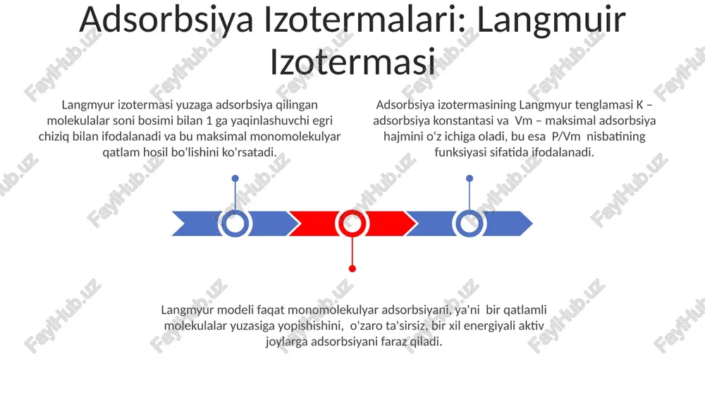 langmuir izotermasining cheklashlari va kengaytmalari langmuir izotermasining asosiy cheklovlaridan biri, u faqat bir qatlamli monomolekulyar adsorbsiyani, ya'ni sirtning to'liq to'yinganligigacha bo'lgan adsorbat miqdorini hisobga oladi. langmuir izotermasi adsorbat molekulalari o'rtasidagi o'zaro ta'sirni hisobga olmaydi, bu esa yuqori konsentratsiyalarda aniqlikni pasaytiradi, shu sababli, 2-3 dan ortiq qatlam hosil bo'lganda aniqlik pasayadi. ko'p qatlamli adsorbsiyani hisobga olish uchun bet (brunauer-emmett-teller) kabi langmuir izotermasining kengaytmalari ishlab chiqilgan, bu yuqori bosim sharoitida aniqroq natijalar beradi. e'tiboringiz uchun rahmat @taqdimot_robot image1.jpeg image2.jpeg