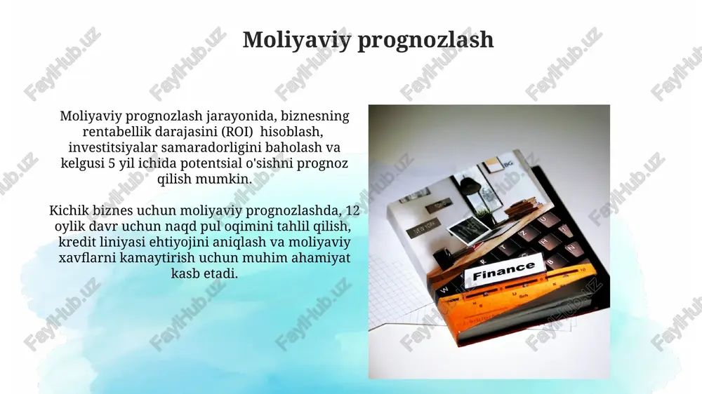 nt) ko'rsatkichi orqali o'lchanadi va bu biznesning samaradorligini baholashda muhim omil hisoblanadi. investitsiyalarni qaytarish muddati odatda 2-5 yilni tashkil etadi, lekin bu loyihaning xususiyatlariga va biznesning moliyaviy barqarorligiga bog'liq. risklarni boshqarish kredit liniyasi yoki zaxira mablag'lari kabi moliyaviy "yostiqcha"larni yaratish, kutilmagan xarajatlar yuzaga kelganda biznesning barqarorligini ta'minlashda 30% gacha yordam beradi. kichik biznesda xatarlarni boshqarishda diversifikatsiya muhim ahamiyatga ega bo'lib, 5 dan ortiq ta'minotchi yoki mijozga bog'liqlikni kamaytirish foydali bo'ladi. moliya manbalari kichik biznes uchun grantlar va subsidiyalar hajmi davlat dasturlari orqali yiliga o'rtacha 5 mlrd so'mdan ortiq mablag'ni tashkil etadi, bu biznes rivojlanishiga sezilarli hissa qo'shadi. moliya manbalari sifatida mikroqarzlar hajmi yiliga o'rtacha 15-20% o'sib bormoqda, bu kichik biznes uchun muhim moliyaviy imkoniyatlar yaratadi. buxgalteriya hisobi va hisobot berish to'g'ri tuzilgan moliyaviy hisobotlar, investorlarni jalb qilishda muhim rol o'ynaydi va biznesning bozor qiymatini 15-25% gacha oshirishi mumkin. buxgalteriya hisobi, kichik biznes uchun o'rtacha oylik xarajatlarning 5-10% ini tashkil qiladi, …