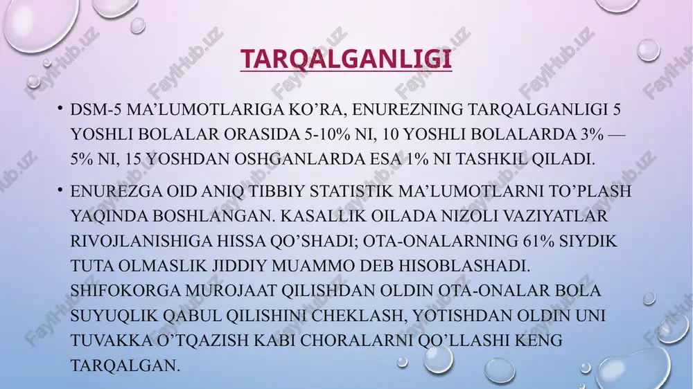 saqlanib qoladi. enurez stressni keltirib chiqaradi, bu esa bolaga katta psixologik yuk tushiradi va uning o’ziga bo’lgan bahosini pasaytiradi, shuning uchun 6-7 va undan katta yoshdan boshlab davolanish kursini o’tash tavsiya etiladi. enurezni davolashda kompleks yondashuv talab etiladi, xususan: peshob chiqarishga chorlov yuzaga kelganda uyg’onish refleksini hosil qilish yoki tiklash; asab to’qimasida metabolik jarayonlarni rag’batlantirish; peshob chiqarish jarayonini tartibga soluvchi qavatlarning yetilishini tezlashtirish; kasallik paytida yuzaga keladigan nevrotik kasalliklarni tuzatish. amalda davolashning har xil turlari qo’llaniladi, ulardan enurezli uyg’otgich (alarm-terapiya) va farmakologik terapiya katta ahamiyatga ega. enurezli uyg’otgich — uyg’onish refleksi buzilishida terapiyaning eng yaxshi usuli hisoblanadi, ayniqsa kechasi ajraladigan siydik miqdori unchalik katta va siydik pufagi sig’imi unchalik kichik bo’lmasa. ushbu usul hech qanday nojo’ya ta’sirga ega emas. tasdiqlangan samaradorlik 80%. bundan tashqari, kasallikning qaytalanish darajasi juda past. medikamentoz terapiya agar tunda ishlab chiqariladigan siydik miqdori ko’p bo’lsa va uyg’otgichli terapiya samara bermasa, medikamentoz terapiyaga murojaat qilinadi. bunda tabletka …