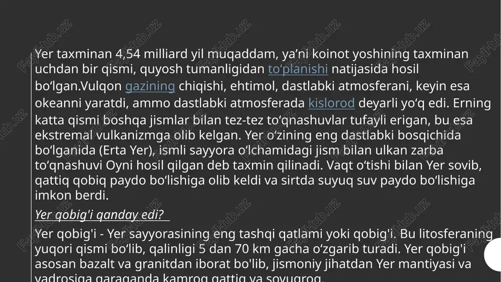 echa vaqt kuzatadi va qay-natmada hech qanday hayot izini topolmaydi. lekin hayotning oʻz-oʻzidan paydo boʻlishi gʻoyasining tarafdorlari ogʻzi kavsharlangan idishga hayotiy kuch tutp-maganligini vaj qilib koʻrsatishadi. hayotning oʻz-oʻzidan paydo boʻlmasligini isbotlash uchun l.paster (1860) tajribada ogʻziga s shaklida egilgan nay ulangan kolbada qaynatilgan goʻshtning aynimasligini isbot qildi. lekin l.paster tajribasi hayotning paydo boʻlishi muammosini hal etib berolmadi; aksincha hayotning abadiy mavjudligi toʻgʻrisidagi gʻoyaning paydo boʻlishiga olib keldi. lui paster tajribasi 1924-yilda rus biokimyogari a.i.oiarin, keyinroq angliya biokimyogari va genetigi j.xoldeyn (1929) tomonidan tabiatshunoslik fanlari toʻplagan dalillarni umumlashtirish asosida hayotning paydo boʻlishib.ni uglerod birikmalarining uzoq davom etgan evolyuniyasi tariqasida talqin qiladigan gipote-za taklif etildi. bu gipoteza hayotning paydo boʻlishib. toʻgʻrisidagi hozirgi tasavvurlarning asosini tashkil etadi. bu gipotezaga binoan yerda hayotning paydo boʻlishib. jarayonini shartli ravishda 4 davrga boʻlish mumkin: birlamchi atmosfera gazlari hisobidan past molekulali organik birik-malar monomerlarining sintezi; monomerlar polimerlanib, oqsil va nuklein kislotalar zanjirini hosil qilishi; tashqi muhitdan membranalar …
