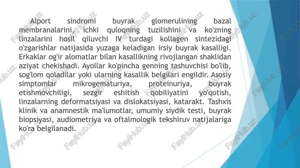 (ba'zan eshitish va ko'rishning buzilishi). simptomlari alport sindromining eng keng tarqalgan ko'rinishi gematuriyadir. mikroskopik tarzda bu alomat ayollarning 95% va erkaklarning 100% da aniqlanadi. o'g'il bolalarni muntazam tekshirish paytida gematuriya hayotning birinchi yillarida allaqachon aniqlanadi. kasallikning yana bir keng tarqalgan belgisi proteinuriya hisoblanadi. siydikda oqsilning chiqarilishi erta bolalik davrida x-bog'langan sindromli erkaklarda, keyinroq boshqalarda boshlanadi. qizlar va ayollarda protein ajralish darajasi biroz oshadi, og'ir proteinuriya holatlari juda kam uchraydi. barcha bemorlar simptomlarning barqaror rivojlanishini sezadilar. arterial gipertenziya sindromning klassik turiga ega bo'lgan erkaklar uchun va autosomal retsessiv irsiy varianti bo'lgan ikkala jinsdagi bemorlarga xosdir. gipertenziyaning og'irligi surunkali buyrak etishmovchiligining kuchayishi bilan ortadi. yosh erkaklar va erkaklarda buyraklar faoliyatining pasayishi terminal bosqichiga 16-35 yoshgacha, kasallikning sekin kechishi bilan - 45-65 yoshga etadi. ba'zida qizilo'ngach va bronxlarning diffuz silliq mushaklari o'smalari aniqlanadi, ular kech bolalik davrida disfagiya, qusish, epigastrium va sternum orqasida og'riq, nafas qisilishi va tez-tez bronxit bilan namoyon bo'ladi. bemorlarda …