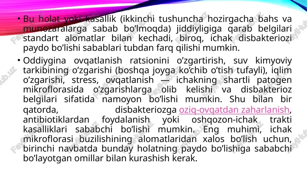 moyon bo'ladi: qusish, kekirish; qorin dam bo'lishi va og'rig'i; qorin bo'shlig'ida gumburlash; ko'p miqdorda ich ketishi sekin vazn ortishi. bunday bolalar sekin o'sadi va kam vazn qo'shadi, raxit yoki anemiya bilan kasallanishi mumkin. diagnostika mikrofloraning buzilishini aniqlash uchun shifokorlar quyidagi tadqiqotlarni buyuradilar: axlat tahlili, shu jumladan biokimyoviy tadqiqotlar; ichak tarkibi va safro tarkibini bakteriologik o'rganish; ezofagogastroskopiya; yo'g'on ichak va to'g'ri ichak shilliq qavati kolonoskopiyasi. bolalarda disbakteriozni davolash disbakteriozni davolash uning rivojlanishiga hissa qo'shgan sababni bartaraf etishdan boshlanadi. mikrofloraning tarkibini normallashtirish uchun prebiyotiklar va probiyotiklar qo'llaniladi. umuman olganda, davolash kattalardagi disbakteriozni davolashga o'xshaydi. disbakterioz qayerda davolanadi? birinchi alomatlar paydo bo'lganda, kasallikni o`tkazib yubormaslik uchun shifokor ko`rigidan o`tish kerak. ichak disbakteriozida prebiotik va probiotiklar disbakteriozni davolashda shuningdek prebiotik va probiotik preparatlar qo’llaniladi, va aytishlariga qaraganda, ular ichak mikroflorasi buzilgan hollarda samarali yordam bermoqda. nomlanishi o’xshashligiga qaramasdan, prebiotiklar va probiotiklar tubdan farq qiluvchi preparatlar bo’lib, ularning ta’rifini batafsilroq tushunish maqsadga muvofiqdir. prebiotiklar — …