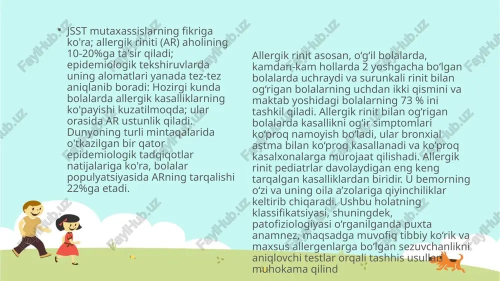 ligi tufayli kelib chiqqan surunkali rinitda jarrohlik amaliyoti o`tkazilishi buyuriladi intranazal kortikosteroidlar allergik rinit simptomlarini yengillashtirishda foydalaniladigan eng samarali usul hisoblanadi. ikkinchi qator preparatlariga oral hamda intranazal antigistaminlar, dekonjestantlar, intranazal kromolin, intranazal antixolinergiklar va leykotriyen retseptor antagonistlari kiradi. dekonjestanlar va intranazal kromolin bolalar uchun tavsiya etilmaydi agar allergik rinit o'z vaqtida davolanmasa, quyidagi asoratlar paydo bo'lishi mumkin: 1.sinusit; 2.otit; 3.eshak yemi; 4.bronxial astma; 5.kvinke shishi; 6.atopik dermatit. xavf guruhidagi bemorlar: naslida allergik kasalliklar borlar; ekologik jihatdan nosog'lom joyda yashovchi odamlar; tez-tez yuqumli kasalliklarga chalinadigan bolalar; parhez kasallikni davolash paytida shifokor bemorga ma'lum bir parhezni belgilaydi, bu parhez quyidagi oziq-ovqatlarni iste'mol qilishni istisno qiladi: tovuq go`shti, tovuq tuxumi; mevalar (ayniqsa, sitrus mevalar); asal va u bilan bog`liq mahsulotlar; bo'yoqlar va oziq-ovqat qo'shimchalari bo'lgan yeguliklar va suyuqliklar. kasallik profilaktikasi shifokorlar quyidagi profilaktika choralarini tavsiya qiladilar: allergiya qo`zg`atuvchilar bilan aloqada bo`lmaslik; yozda ochiq havoda harakat qilishni cheklash (agar o`simlik changiga allergiya bo'lsa); haftasiga …