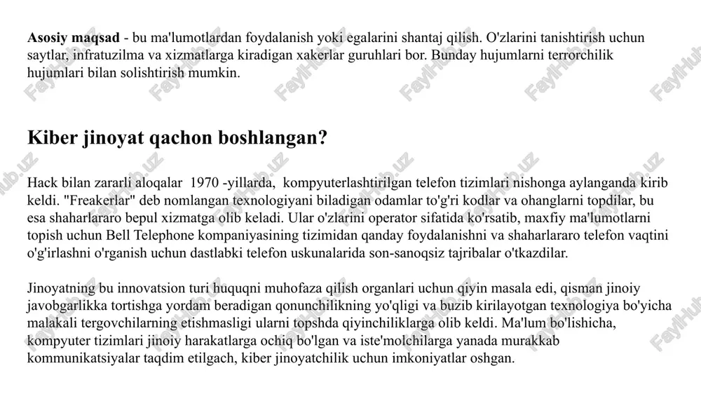 birinchi qonunni-kompyuterni firibgarlik va suiiste'mol qilish to'g'risidagi federal qonunni qabul qildi . bu harakat kompyuterni jiddiy jinoyatga aralashtirib yubordi, bu esa katta qamoq jazosi va pul jarimasi bilan ifodalandi. huquqni muhofaza qilish organlarining javoblari 1990 yilda, "sundevil operatsiyasi" deb nomlangan loyiha davomida, fbr agentlari jinoyatchilar tomonidan kredit kartasidan noqonuniy foydalanish va telefon aloqasi uchun ishlatilgani taxmin qilingan 40 ga yaqin kompyuter va 20000 dan ortiq disketlarni musodara qilishdi. bu ikki yillik harakat 150 agentni jalb qildi. ayblovlar sonining kamligiga qaramay, operatsiya huquqni muhofaza qilish organlari xodimlari tomonidan jamoatchilik bilan aloqalarni muvaffaqiyatli amalga oshirish sifatida ko'rildi. kiber jinoyatni tergov qilish bo'yicha huquqni muhofaza qilish organlarining qarorlari va faoliyati har doim ham mukammal emas. agar huquqni muhofaza qilish organlari xato qilsa, qonunga bo'ysunuvchi fuqarolar zarar ko'rishi mumkin. bunday tabiatdagi birinchi voqea 1990 yilga to'g'ri keladi, o'shanda stiv jekson o'yinlari nashriyot kompaniyasi "kiberpank" haqidagi fantaziya o'yini bilan bog'liq noqonuniy nusxa ko'chirilgan hujjatga ega …