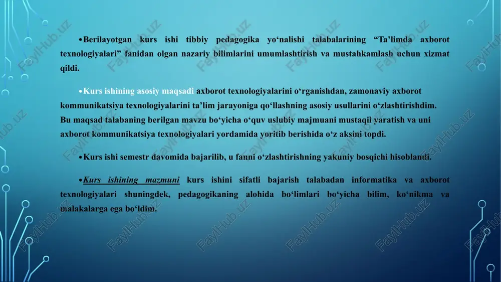 ngan ro‘yxatga olish markaziga murojaat qilishingiz zarur. elektron raqamli imzo kimlarga beriladi? eri kalitlarning sertifikatlari yuridik va jismoniy shaxslarning murojaatlari bo‘yicha beriladi. murojatt qilgan shaxs ro‘yxatdan o`tish va eri kalitining sertifikatini olish uchun soliq xizmatlari organlarida hisobda turishi zarur (soliq to‘lovchining identifikatsiya raqami -stirbo‘lish kerak) elektron raqamli imzoni qayerdan olish mumkin? bugungi kunga kelib, 6 ta rasmiy davlat ro‘yxatidan o‘tgan (amaldagi) elektron raqamli imzo kalitlarini ro‘yxatga olish markazlari faoliyat yuritib kelmoqda: davlat soliq qo‘mitasi huzuridagi yangi texnologiyalar ilmiy-axborot markazi; markaziy bank xavfsizlik va axborotni muhofaza qilish departamenti; davlat bojxona qo‘mitasi; fan-texnika va marketing tadqiqotlari markazi “unicon.uz” davlat unitar korxonasi; moliya vazirligi huzuridagi axborot-hisoblash markazi davlat unitar korxonasi; “intellect soft” xususiy korxonasi. siz shu markazlardan biriga murojaat qilishingiz mumkin. https://youtu.be/nlrnu_su9oa https://youtu.be/dpei8fmi1k4 xulosa men bu kurs ishida electron raqamli imzo nima ekanligi va qanday maqsadlarda ishlatilishini bilib oldim. electron raqamli imzoni xavfsuizlik uchun ishlatilishi va bu juda ishonchli ekanligi menga aniq bo’ldi. …