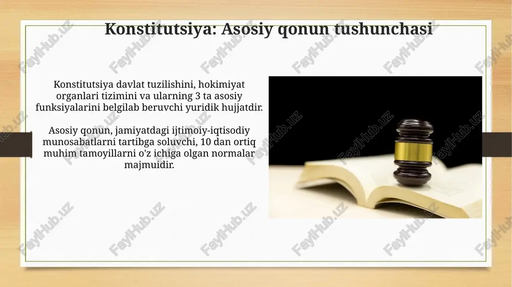 i. konstitutsiyaning jamiyatdagi roli konstitutsiya jamiyatda inson huquqlari va erkinliklarining kafolati sifatida xizmat qiladi, 100 dan ortiq moddalarda mustahkamlangan, har bir fuqaroning qadr-qimmatini himoya qiladi. konstitutsiya davlat hokimiyatini 3 ta asosiy tarmoqqa bo'ladi: qonun chiqaruvchi, ijro etuvchi va sud hokimiyati, ularning har biri muvozanatni ta'minlab, suiiste'molning oldini oladi. xulosa xulosa qonun ustuvorligini ta'minlashning muhim bosqichi bo'lib, unda asosiy qonun hujjatlariga muvofiq 1992-yilgi konstitutsiyaviy islohotlar yakunlandi. xulosa davlat hokimiyati organlari va fuqarolar o'rtasidagi munosabatlarni tartibga solishda muhim ahamiyatga ega, bu esa 275 modda va 31 bobdan iborat konstitutsiyada aks etgan. e'tiboringiz uchun rahmat image8.jpg image9.jpg image10.jpg image11.jpg image12.jpg image13.jpg image14.jpg image15.jpg image16.jpg image17.jpg image18.jpg image19.jpg image3.png image4.png