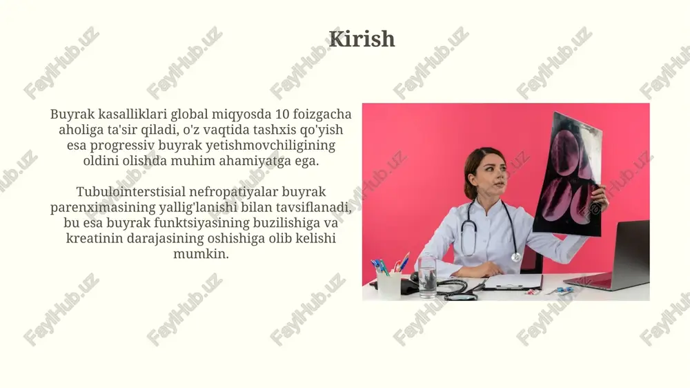 tekshiruvlar (uzi, kt, mrt) uzi buyraklarning o'lchamlarini, parenximaning qalinligini va kortikal qatlamning echogenligini baholashda birinchi qator usuli bo'lib, obstruktiv nefropatiya va kistalarni aniqlashda foydalidir. kt gematuriya, infektsiya yoki tosh kabi murakkab holatlarda yuqori aniqlikdagi tasvirlarni taqdim etadi, shu bilan birga, 3d rekonstruksiya qilish imkoniyati mavjud. buyrak biopsiyasi: ko'rsatmalar va texnika buyrak biopsiyasi ko'rsatmalari orasida glomerulonefritning aniqlanmagan sabablari, nefrotik sindromning diagnostikasi va transplantatsiya rad etishini baholash kiradi. biopsiya usullari perkutan, ochiq va transjugulyar yondashuvlarni o'z ichiga oladi, perkutan usul ultratovush yoki kt nazorati ostida amalga oshiriladi. immunologik tekshiruvlar immunologik tekshiruvlar tubulointerstisial nefropatiyalarda antiyadro antitanachalari (ana) va antineytrofil sitoplazmatik antitanachalari (anca) kabi autoantitanachalarni aniqlash uchun elisa usulidan foydalanadi. immunofixatsiya elektroforezi (ife) kabi tekshiruvlar buyrak kasalliklarida monoklonal immunglobulinlarni aniqlashga yordam beradi, bu esa 15-25% miyelom bilan bog'liq nefropatiyalarda muhim ahamiyatga ega. genetik tekshiruvlar genetik tekshiruvlar, masalan, ekzom ketma-ketligi autosomal dominant tubulointerstitial buyrak kasalligining (adtkd) 10% gacha bo'lgan sababini aniqlashga yordam beradi. apol1 genidagi …
