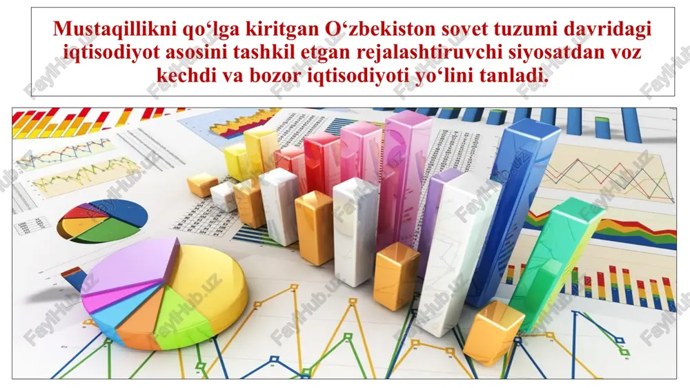 oyili: iqtisodiyotning siyosatdan ustunligi. kuchli ijtimoiy siyosat. davlat – bosh isloqotchi. qonunning ustuvorligi. bozor iqtisodiyotiga bosqichma-bosqich o`tish. bozor iqtisodiyotiga o‘tilishi, kichik biznes va xususiy tadbirkorlikning rivojlantirilishi, mamlakatimizdagi iqtisodiy o‘sish. milliy valyuta soʻm – oʻzbekiston respublikasining pul birligi. 1 soʻm qimmati 100 tiyin. xalqaro ifodasi uzs. soʻm oʻzbekiston respublikasi prezidentining „oʻzbekiston respublikasining milliy valyutasini muomalaga kiritish toʻgʻrisida“gi 1994-yil 16-iyundagi farmoni bilan 1994-yilning 1-iyulidan respublika hududida yagona, cheklanmagan va qonuniy toʻlov vositasi sifatida muomalaga chiqarilgan. milliy valyuta soʻmning muomalaga kiritilishi oʻzbekiston pul muomalasi va hisob-kitoblar tizimini tashkil etish hamda respublika iqtisodiyotini rivojlantirishda muhim ahamiyatga ega boʻldi. milliy valyuta pul belgilarini muomalaga chiqarish va uning barqarorligini taʼminlashni oʻzbekiston respublikasi markaziy banki amalga oshiradi. milliy valyuta o'zbekiston 1991-1993- yillarda sobiq itttifoqdan meros qolgan rubl zonasida bo'ldi. biroq ishlab chiqarishning pasayishi natijasida rublning qadri ham tushib bordi. o'zbekiston muomalaga milliy valyuta kiritish ishiga jiddiy kirishdi. 1993-yil 1-noyabrda o'zbekistonda so’m-kupon muomalaga kiritildi, uning kursi oldin muomalada …