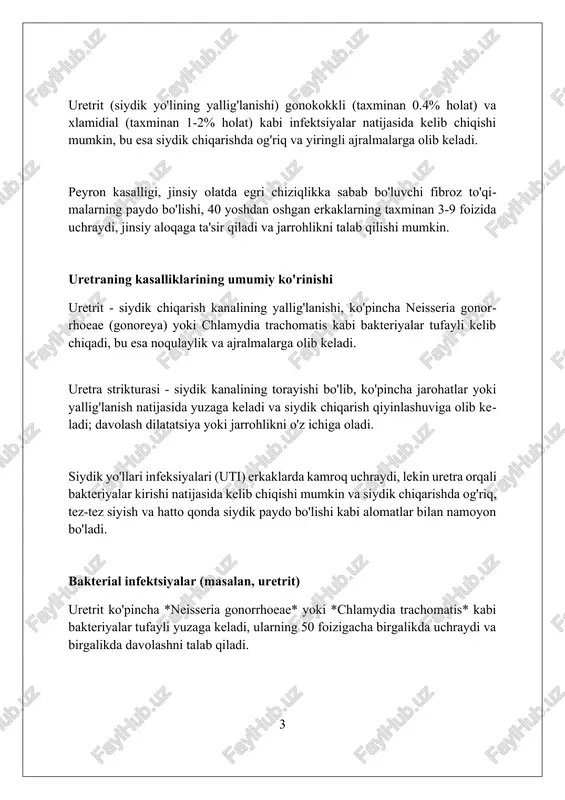 bi omillar bilan bog'liq bo'lib, bu *candida*ning o'sishiga imkon beradi. taxminan 15-30% holatlarda patogen aniqlanadi. kandidoz tashxisi klinik tekshiruv va mikroskopik tekshiruv orqali qo'yiladi, ba'zida 1-3% holatlarda kultura tekshiruvi talab etiladi, antifungal kremlar bilan davolash odatda samarali natija beradi. yallig'lanish kasalliklari (masalan, balanit, balanopostit) balanitda jinsiy olat boshchasining yallig'lanishi kuzatiladi, balanopostitda esa jinsiy olat boshchasi va ichki so'rg'ich varag'ining yallig'lanishi ro'y beradi, ko'pincha candida albicans sabab bo'ladi. balanopostitning 40-60% holatlarida gigiena qoidalariga rioya qilmaslik, siydik tutilishi yoki bakterial infeksiya asosiy sabab bo'ladi, davolashda esa antifungal kremlar qo'llaniladi. qandli diabet bilan kasallangan erkaklarda balanitning xavfi 3-5 barobar yuqori, chunki qonda qand miqdori yuqori bo'lishi qo'zg'atuvchi muhit yaratadi. teri kasalliklari (masalan, psoriaz, ekzema) teri kasalliklari, masalan, psoriazda, immunitet tizimi xujayralari 3-7 kun ichida yangilanadi, bu esa qizargan, qalinlashgan teri shakllanishiga olib keladi. ekzema, ayniqsa atopik dermatit, genetik va atrof-muhit omillari tufayli kelib chiqadi, uning xususiyatlari qichishish, qizarish va teri qurishi 2-3 hafta …