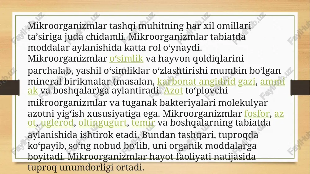 chunki ular organik moddalarni parchalash, oziq moddalarning aylanishi va biosferadagi boshqa jarayonlarda ishtirok etadi. shuningdek, mikroorganizmlar inson hayotida ham muhim ahamiyatga ega — ularning ba'zilari dori-darmonlar ishlab chiqarishda, oziq-ovqat tayyorlashda va biotexnologiyada qo'llaniladi. e’tiboringiz uchun rahmat! image5.png image6.png image3.png image4.png /docprops/thumbnail.jpeg