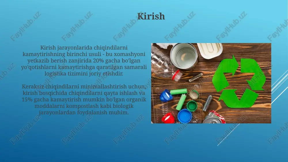 qisqartirish, qayta ishlash) tamoyillarini o'rgatishni o'z ichiga oladi, bu esa jarayon samaradorligini oshiradi. xodimlarni jalb qilish - bu ularga chiqindilarni kamaytirish bo'yicha innovatsion g'oyalarini taqdim etish imkoniyatini berish, masalan, 5s tizimini (saralash, tartibga solish, tozalash, standartlashtirish, qo'llab-quvvatlash) tatbiq etish. muvaffaqiyatli misollar xomashyo sarfini kamaytirish maqsadida hosildorlikni 15% ga oshirish uchun urug'likni lazer bilan ishlov berish texnologiyasini joriy etish, ishlab chiqarish chiqindilarini kamaytiradi. qishloq xo'jaligi korxonalarida mahsulotni saqlash muddatini 20% ga uzaytirish va buzilishini kamaytirish uchun muzlatish uskunalari va usullari samarali bo'ldi. xulosa xulosa shuni ko'rsatadiki, chiqindilarni kamaytirishning eng samarali usuli 3r tamoyiliga (qayta ishlatish, kamaytirish, qayta tiklash) amal qilishdan iborat bo'lib, 80% gacha chiqindilarni kamaytirishga erishiladi. birlamchi qayta ishlashda xulosa ishlab chiqarish jarayonlarini optimallashtirish va ortiqcha materiallardan foydalanishni nazorat qilish orqali chiqindilarni 65% ga kamaytirish imkoniyatini ko'rsatadi. e'tiboringiz uchun rahmat image2.jpg image3.jpg image4.jpg image5.jpg image6.jpg image7.jpg image8.jpg image9.jpg image10.jpg image11.jpg image12.jpg image13.jpg